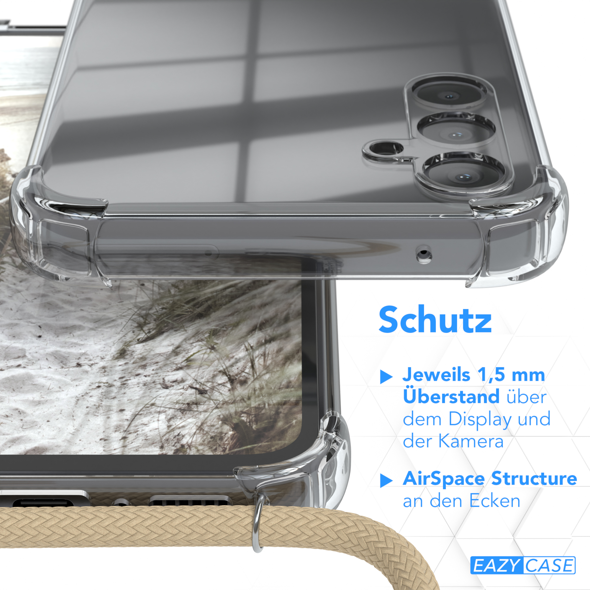 Transparente Handyhülle. Ein Text lautet 'Schutz'. AirSpace-Struktur ist sichtbar. Das Telefon hat eine Hülle.