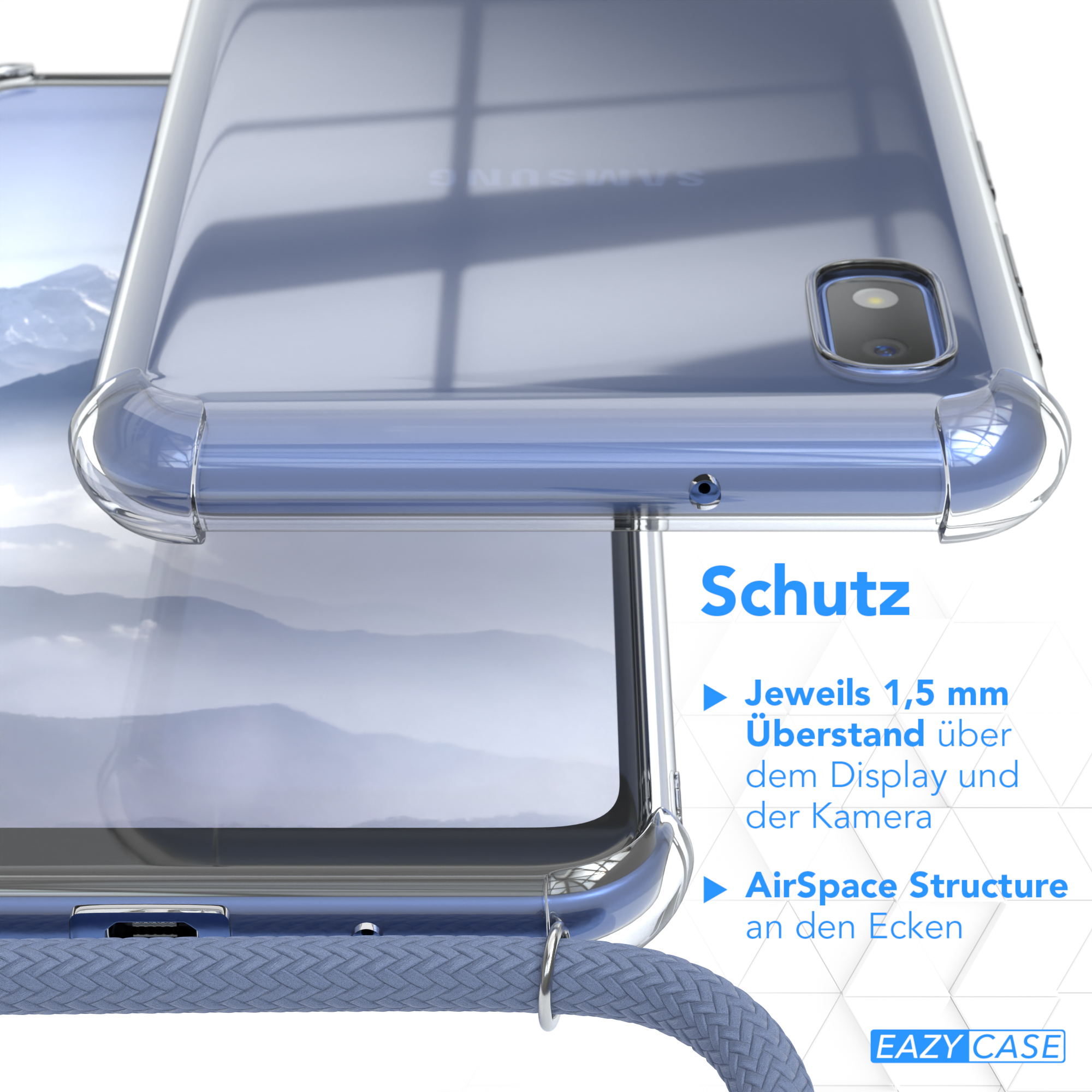 Transparente Handyhülle mit hellblauem Kabel. Text: Jeweils 1,5 mm Überstand über Display und Kamera.