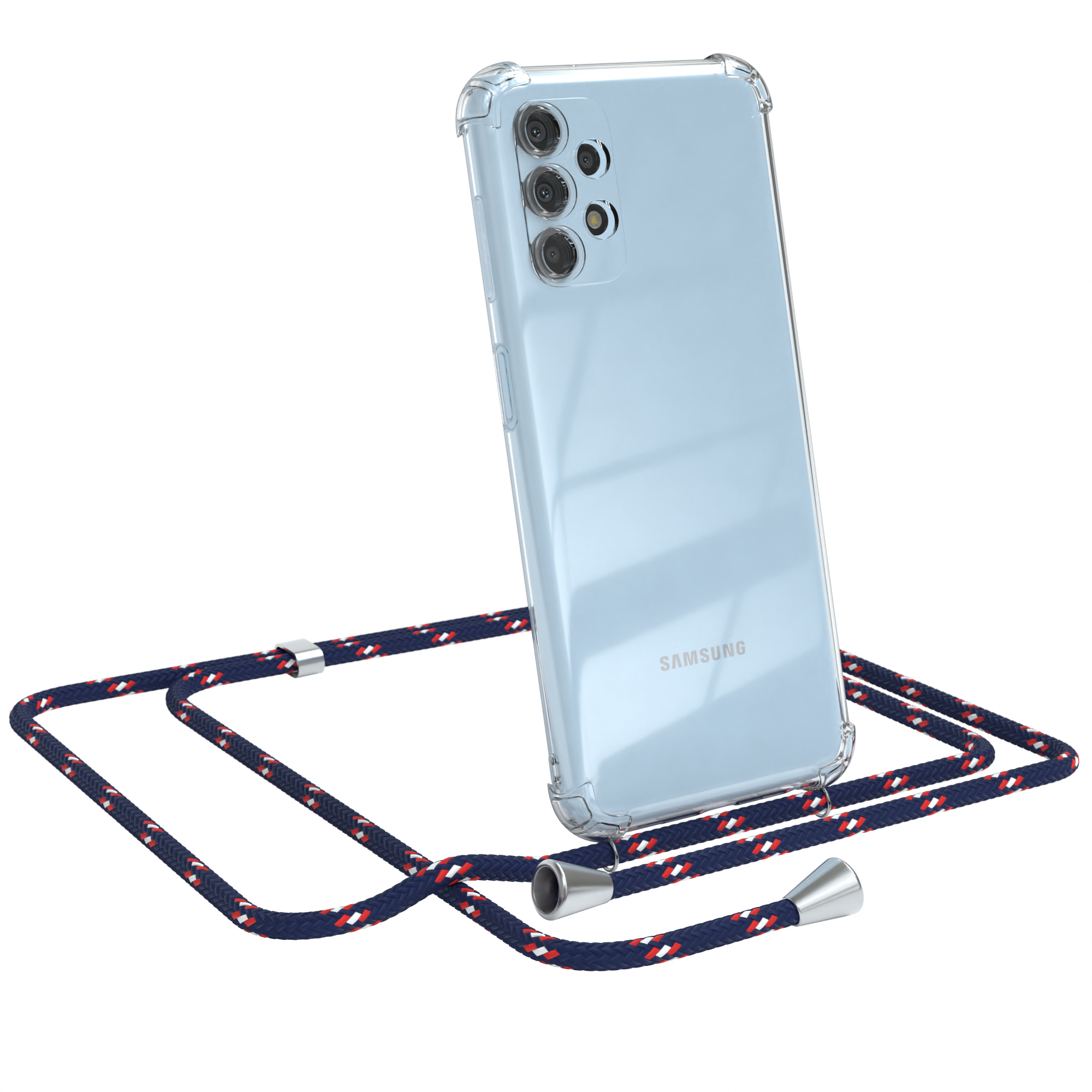 Transparente Samsung-Handyhülle mit marineblauem Band. Telefon zeigt zur Kamera. Weißer Hintergrund.