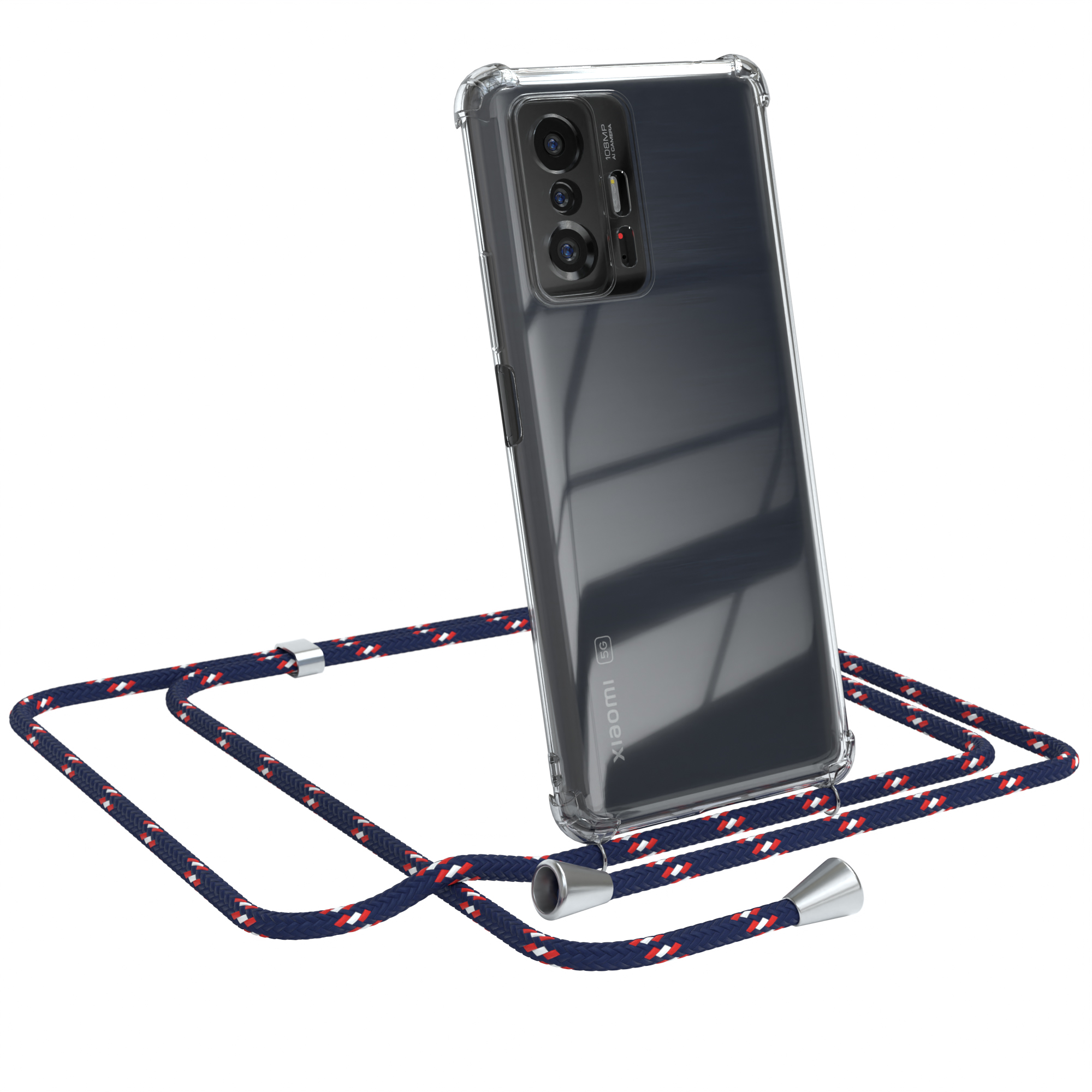 Transparente Handyhülle mit blau-rotem Seil. Das Telefon ist ein Xiaomi mit klarer Hülle.