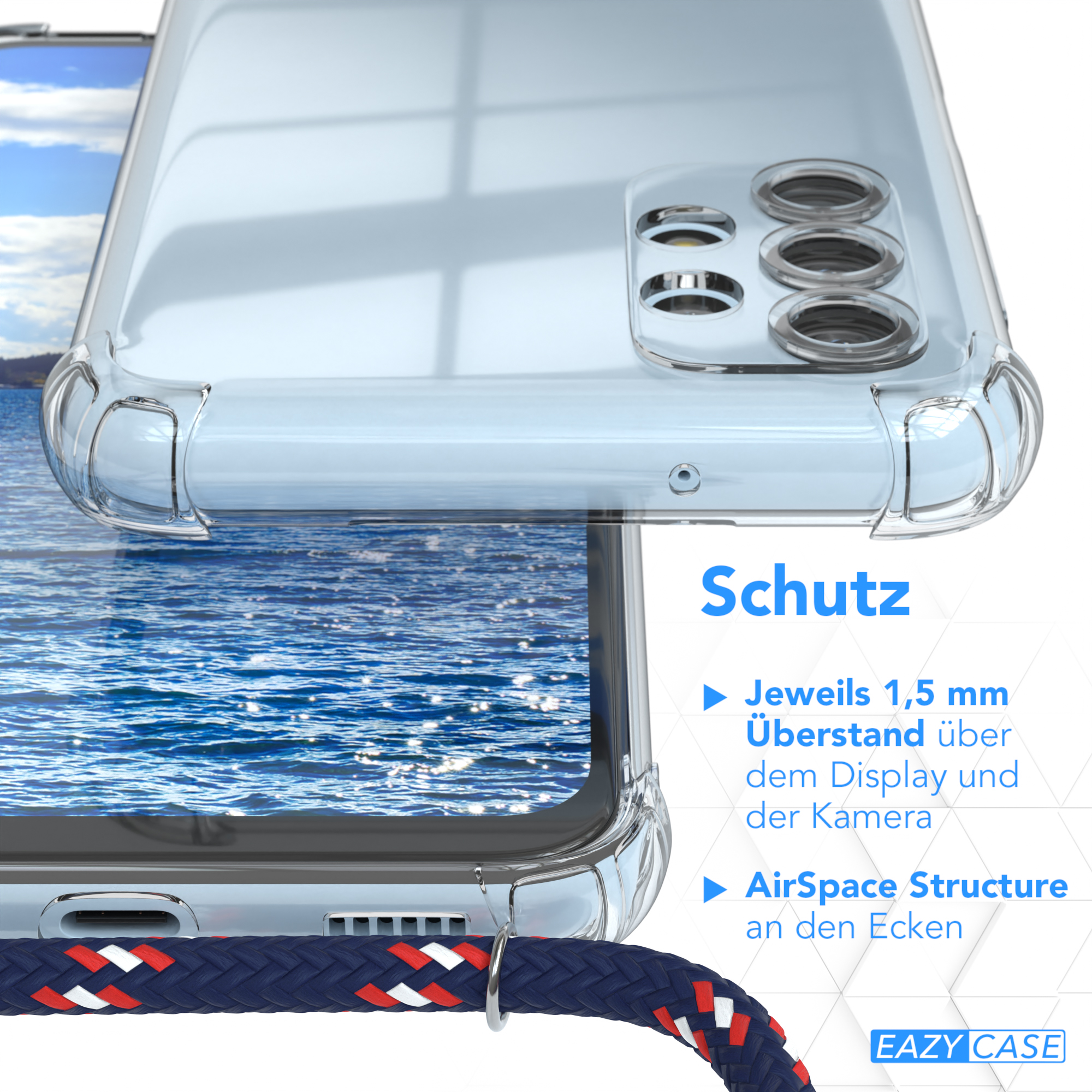 EAZY CASE Clear Umhängetasche, / A13, Galaxy mit Umhängeband, Silber Camouflage Cover Samsung, Clips Blau