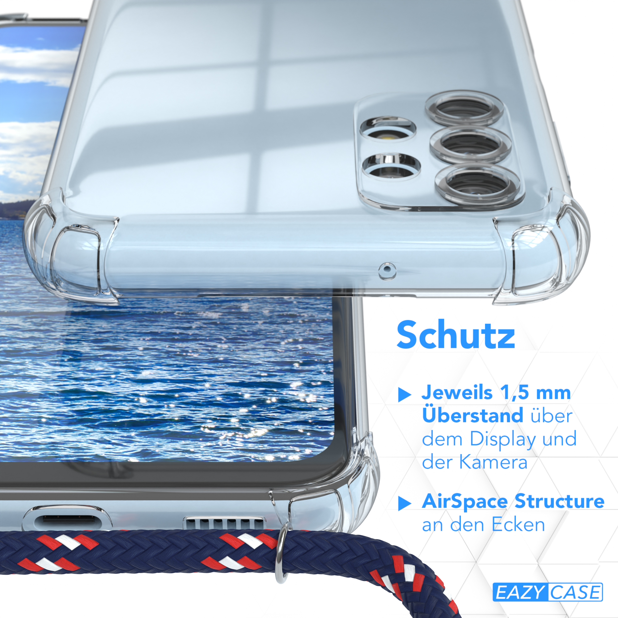 Transparente Handyhülle mit blauem Wasserhintergrund. Text hebt Schutzmerkmale hervor, inkl. Ränder.