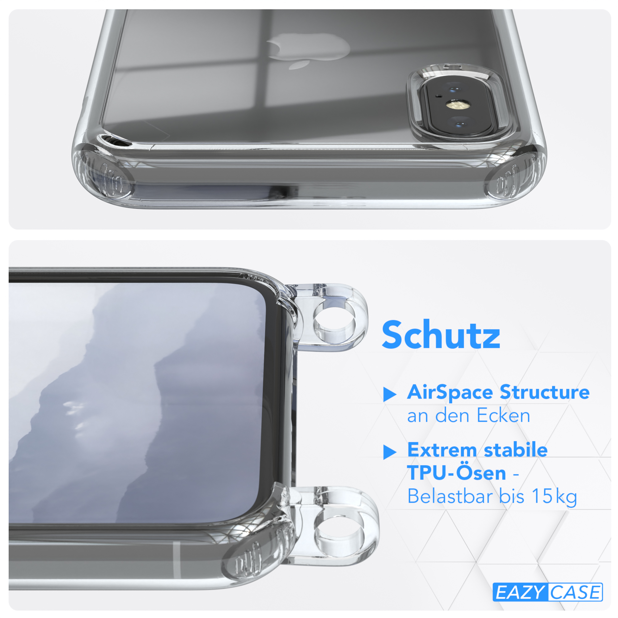 EAZY CASE Clear Cover mit Umhängetasche, XS Max, Blau iPhone Umhängeband, Apple