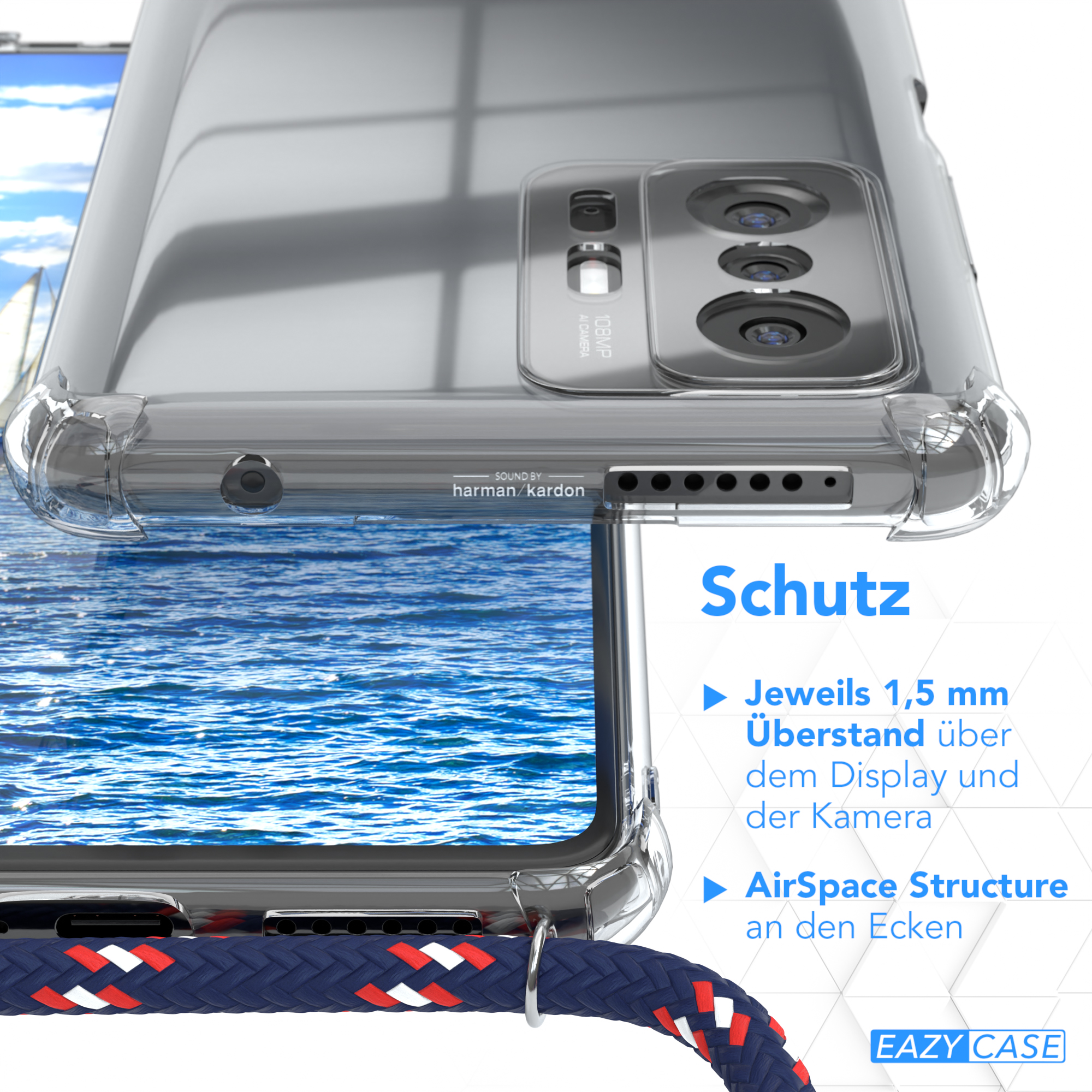 Nahaufnahme der Handyhülle. Text: Schutz. Merkmale: AirSpace-Struktur.