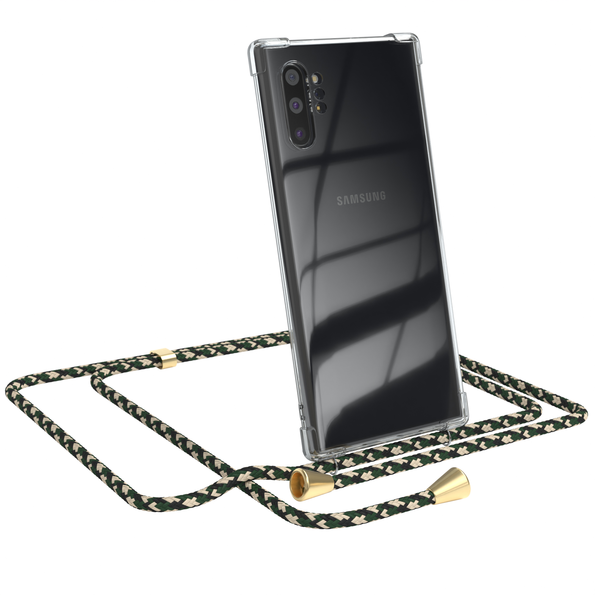 Transparente Handyhülle mit gemustertem Kabel. Telefon ist angewinkelt, mit Samsung-Logo auf der Rückseite.