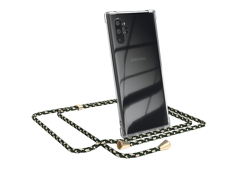 EAZY CASE Clear Cover mit Umhängeband, Umhängetasche, Samsung, Galaxy Note 10 Plus, Grün Camouflage / Clips Gold