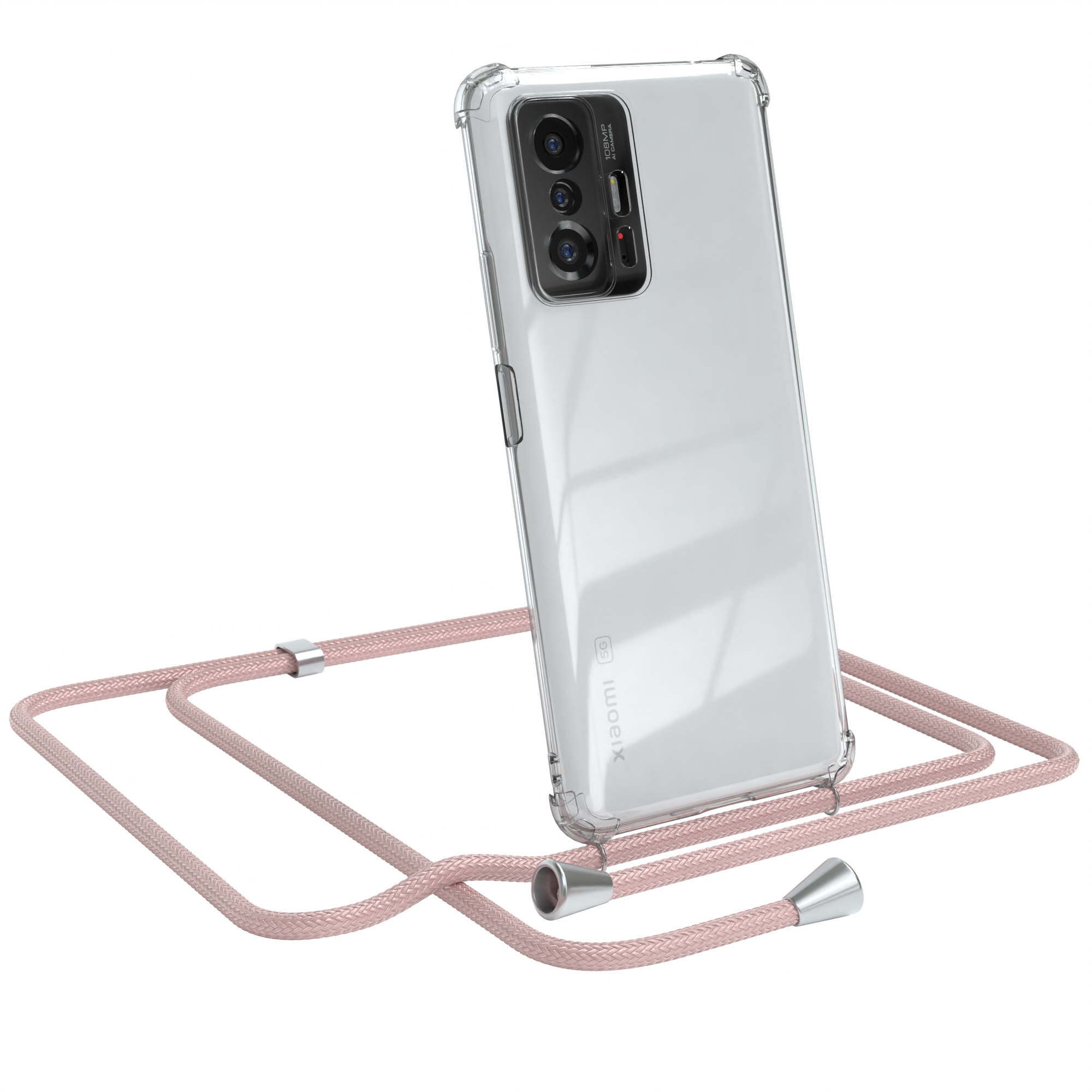 Transparente Handyhülle mit rosa Schlüsselband, Telefon angewinkelt. Xiaomi-Logo sichtbar.
