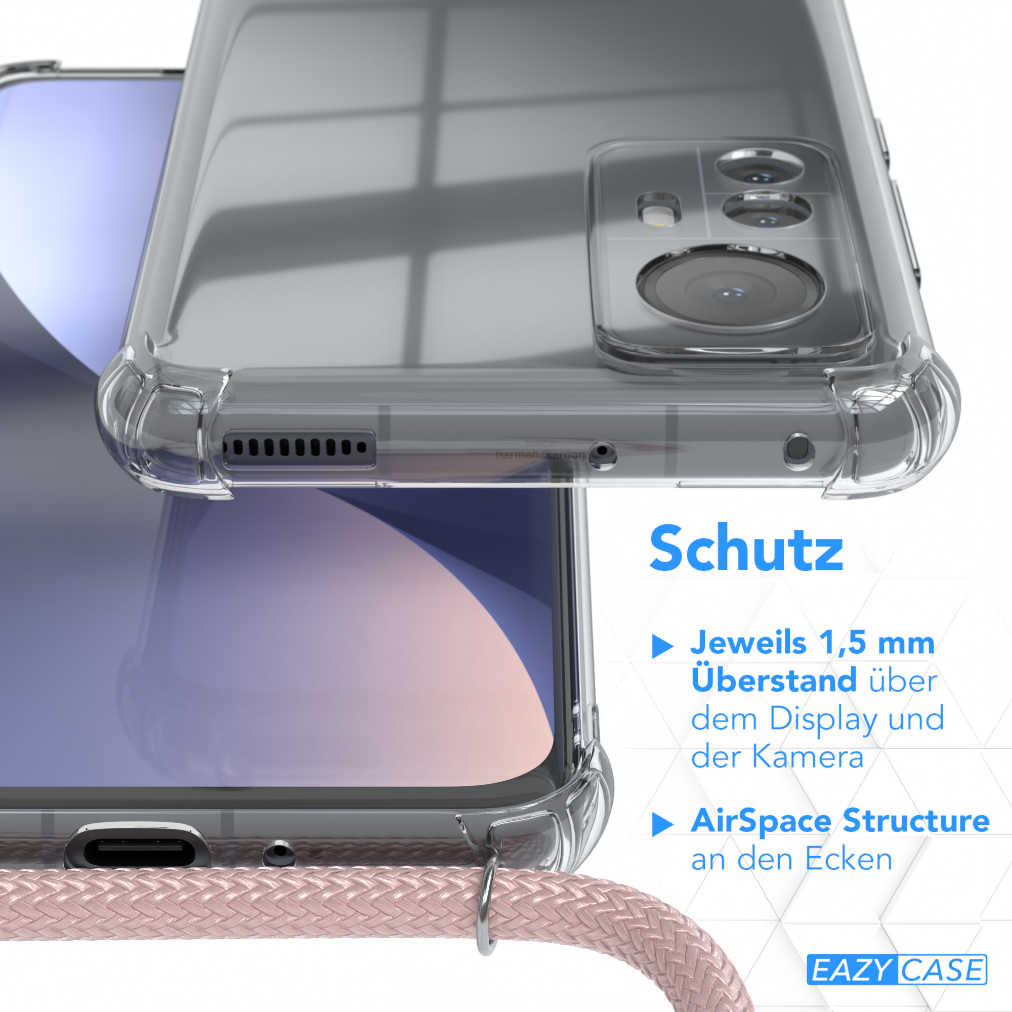 Umhängetasche, 12 Clips Silber CASE Rosé mit Cover Xiaomi, 12X, EAZY / Clear / Umhängeband,