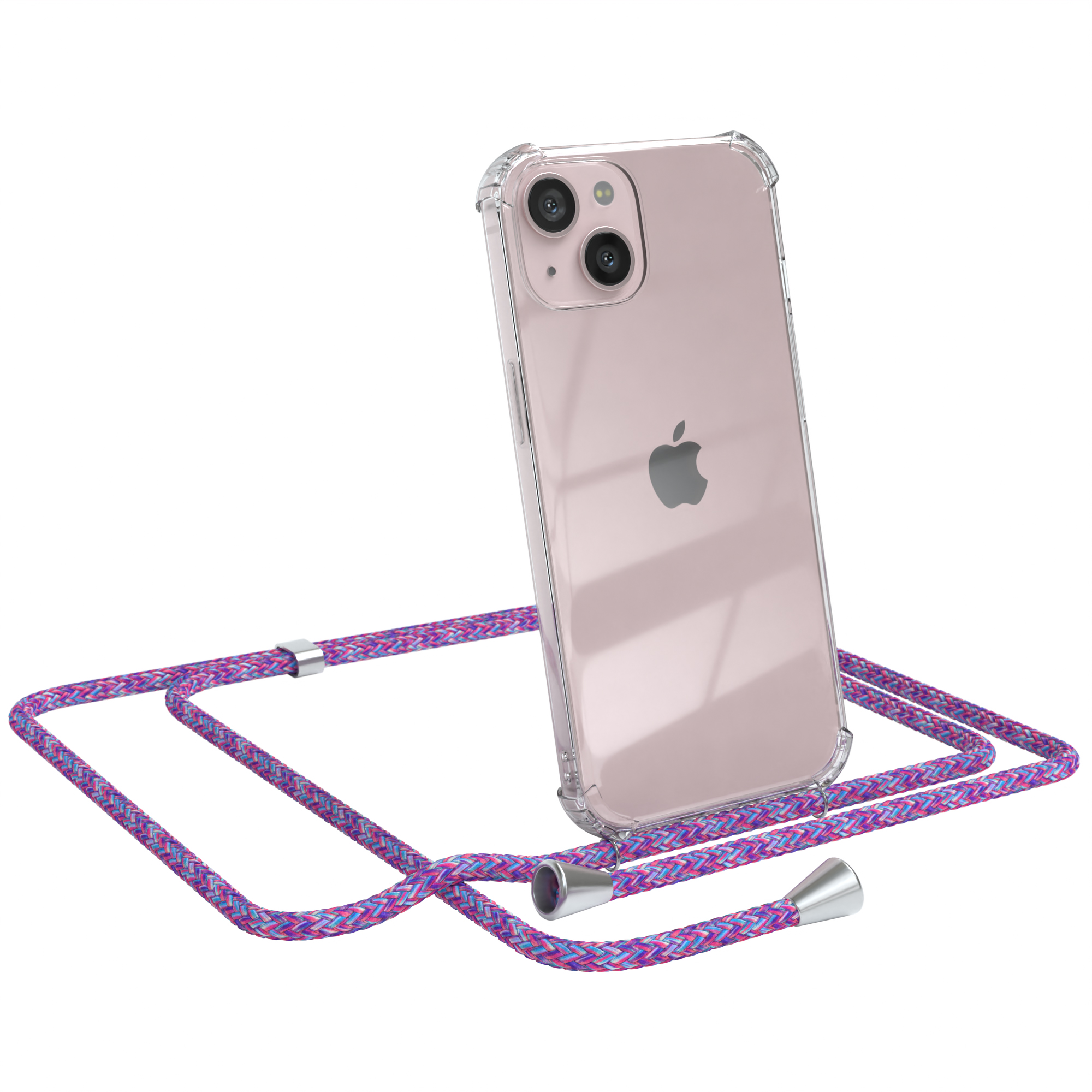 Iphone in transparenter Hülle mit lila und blauem Umhängeband. Telefon abgewinkelt, Kamera weg.