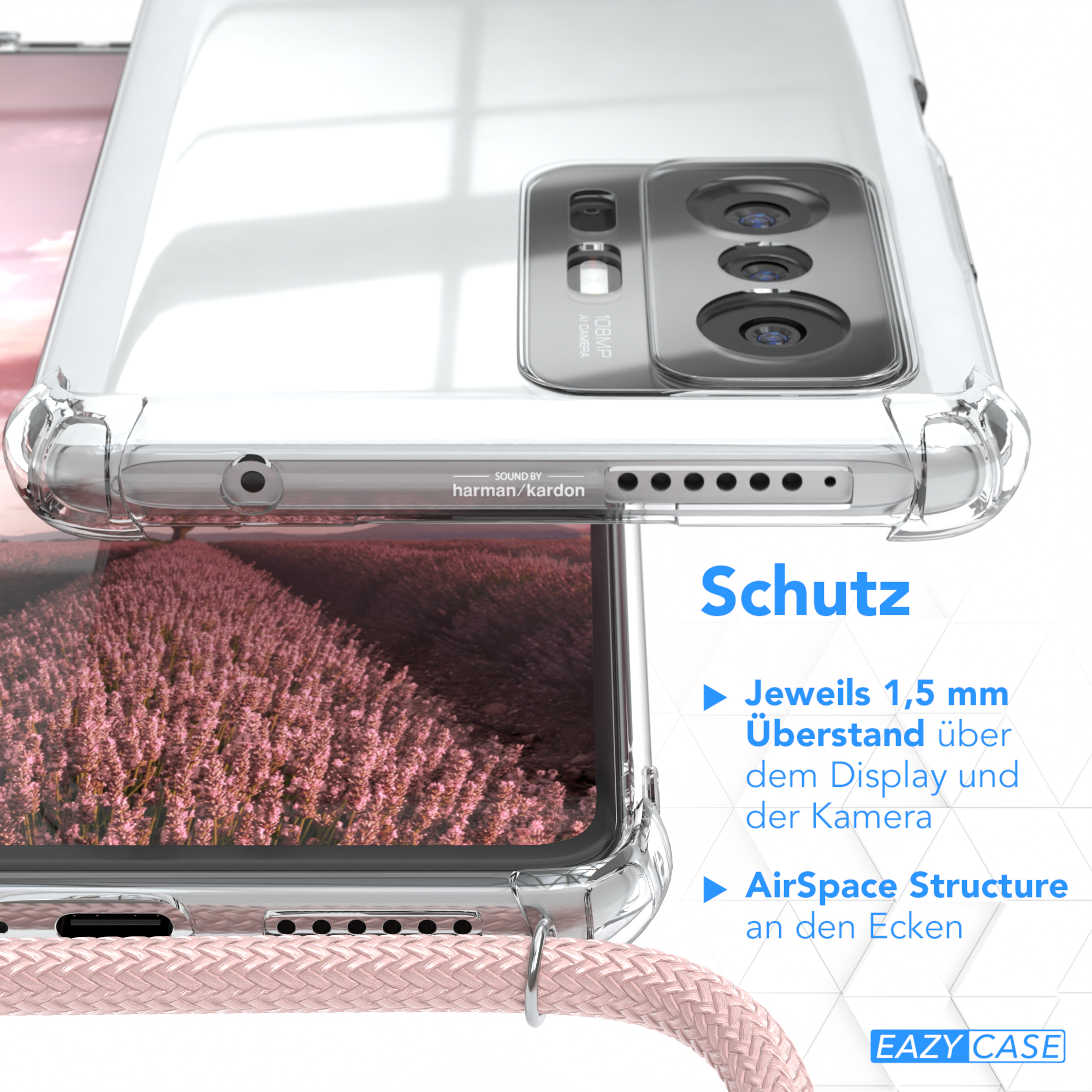 Nahaufnahme eines Telefons in einer Hülle. Text über Schutz wird angezeigt. Rosa Kordel umhüllt die Hülle.