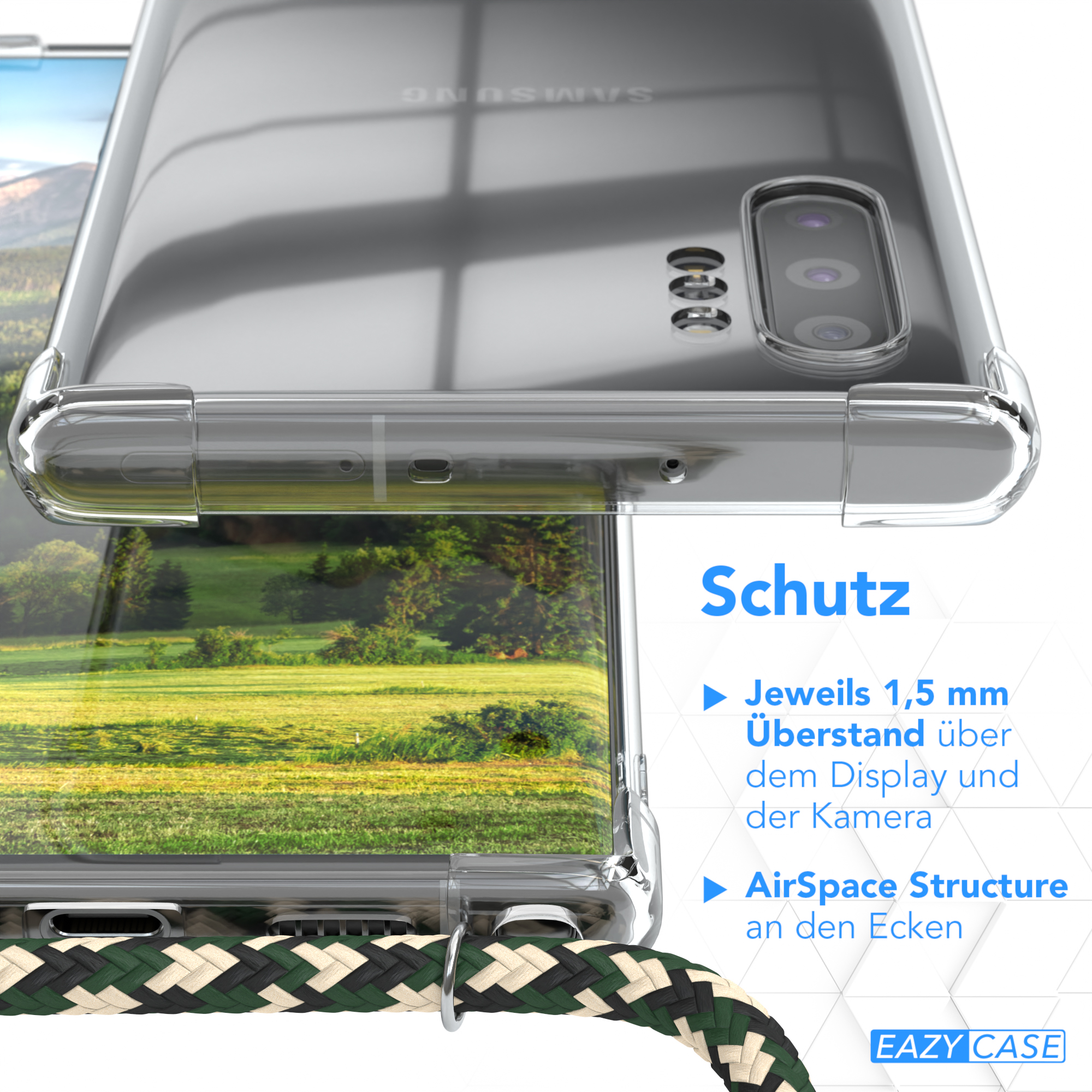 Eine transparente Handyhülle, die die Kamera des Telefons detailliert zeigt, mit Text: Schutz, Details zu Display und Kamera.