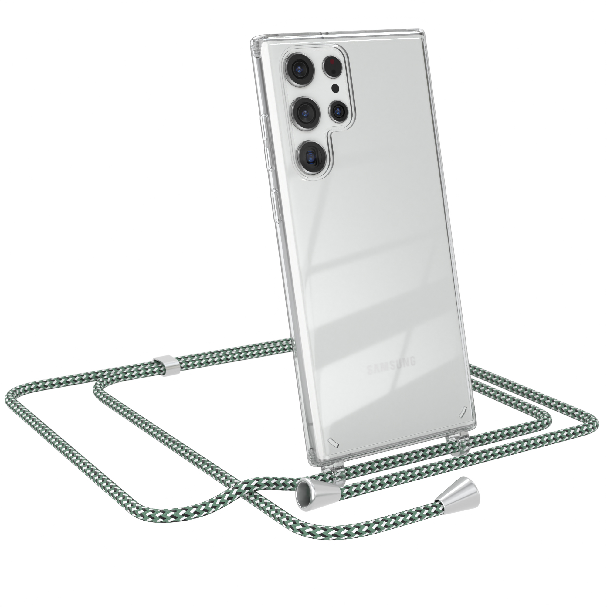 Transparente Handyhülle mit Lanyard. Telefon in der Hülle sichtbar. Grün-weißes Lanyard.