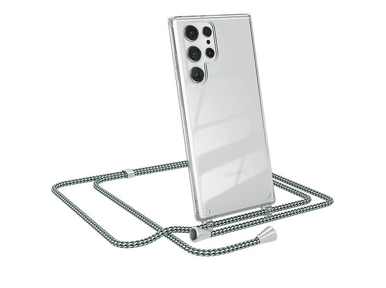 EAZY CASE Clear Cover mit Umhängeband, Umhängetasche, Samsung, Galaxy S22 Ultra 5G, Grün Weiß