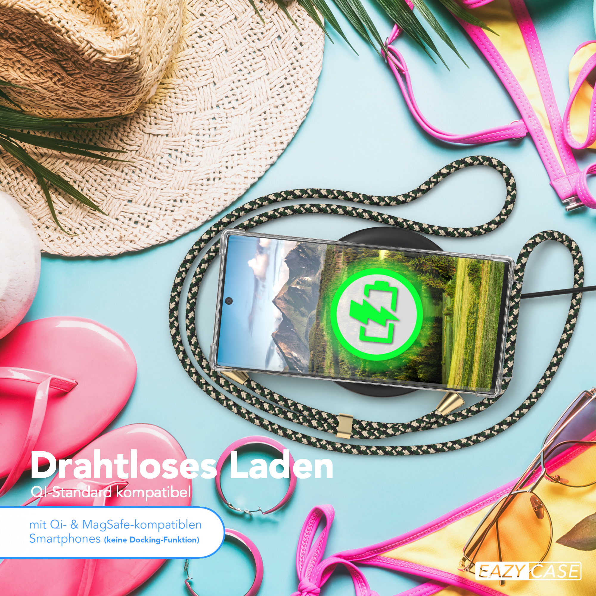 Telefon lädt kabellos. Strandartikel: Hut, Flip-Flops, Sonnenbrille, Bikini. Grünes Ladesymbol.
