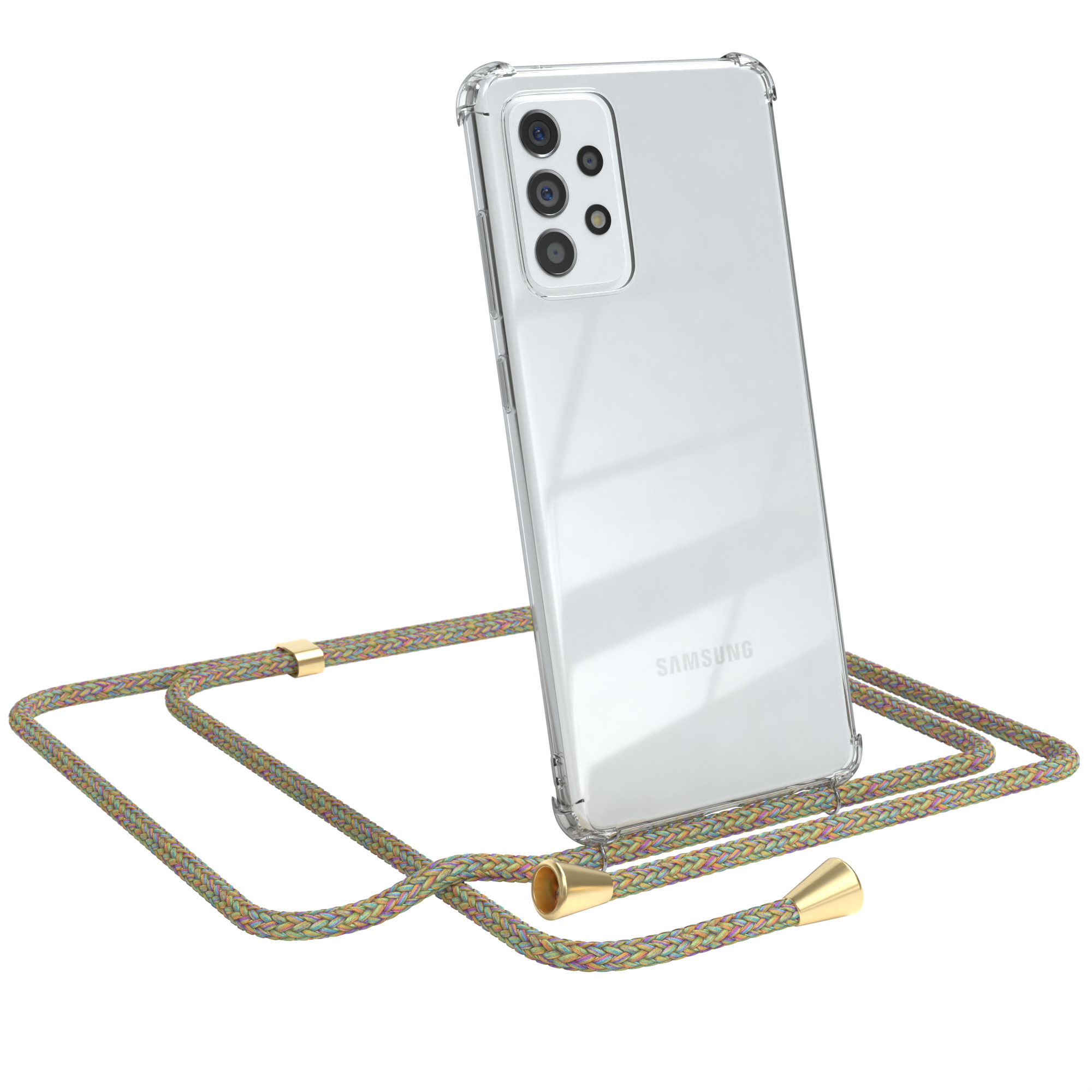 Klare Handyhülle mit Lanyard. Das Lanyard ist mehrfarbig mit goldenen Akzenten.