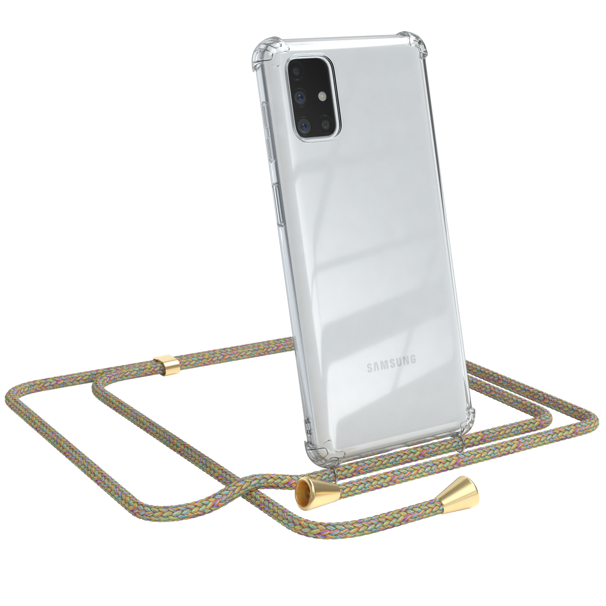 Transparente Handyhülle mit buntem Umhängeband. Samsung-Telefon sichtbar. Goldakzente. Weißer Hg.