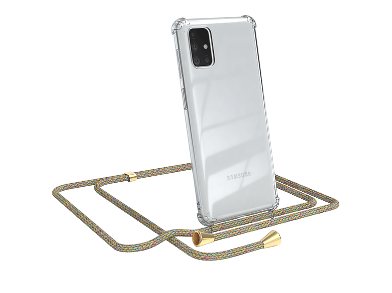 EAZY CASE Clear Cover mit Umhängeband, Umhängetasche, Samsung, Galaxy M51, Bunt / Clips Gold