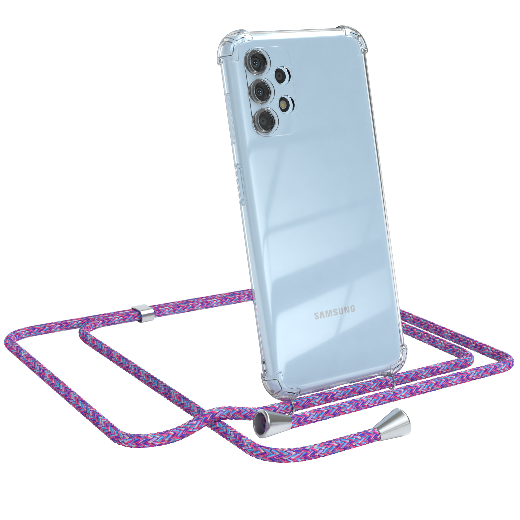 Ein Samsung-Telefon in einer durchsichtigen Hülle mit einem lila-rosafarbenen Umhängeband.