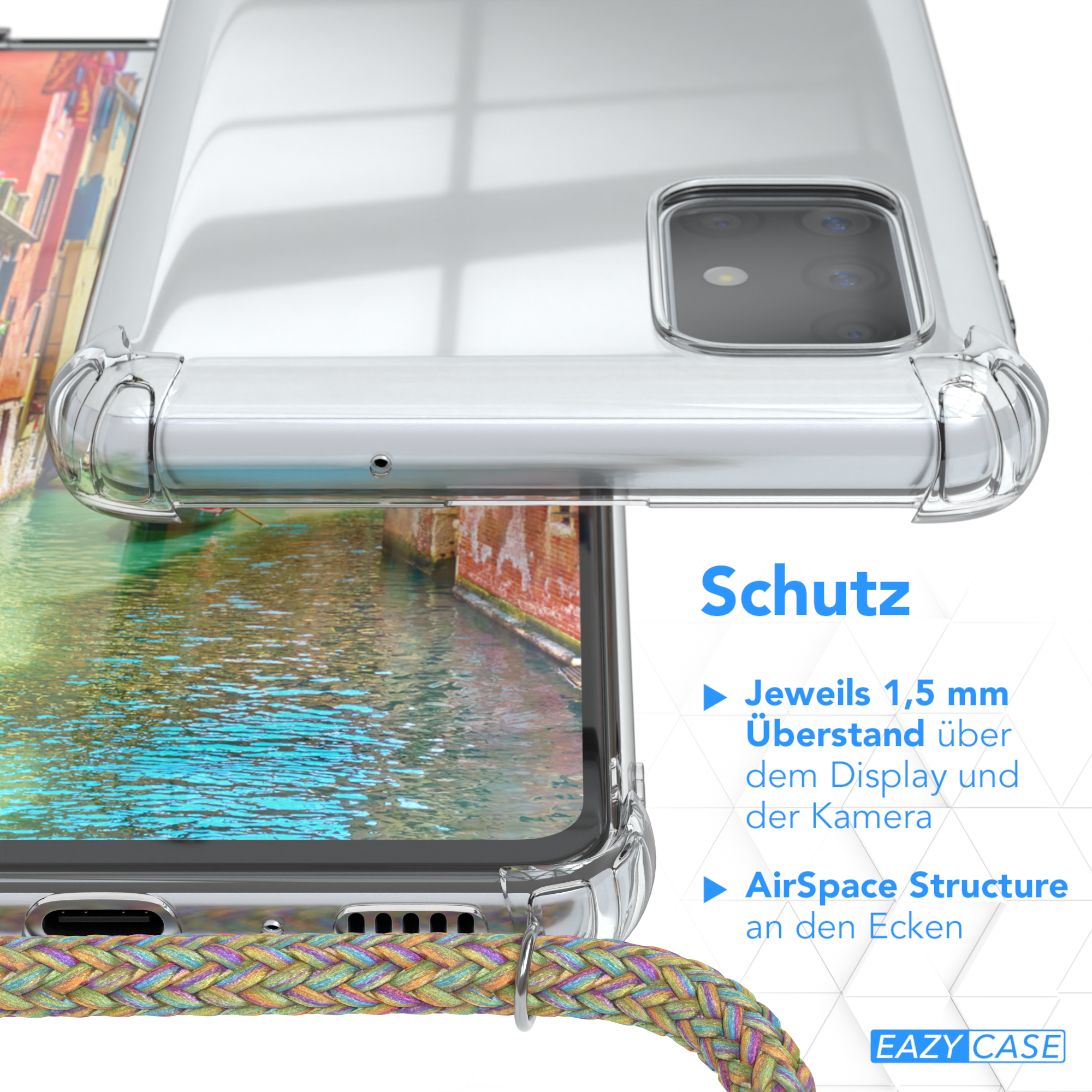 Eine transparente Handyhülle mit buntem Riemen. Der Hintergrund zeigt eine Stadtlandschaft mit Fluss.