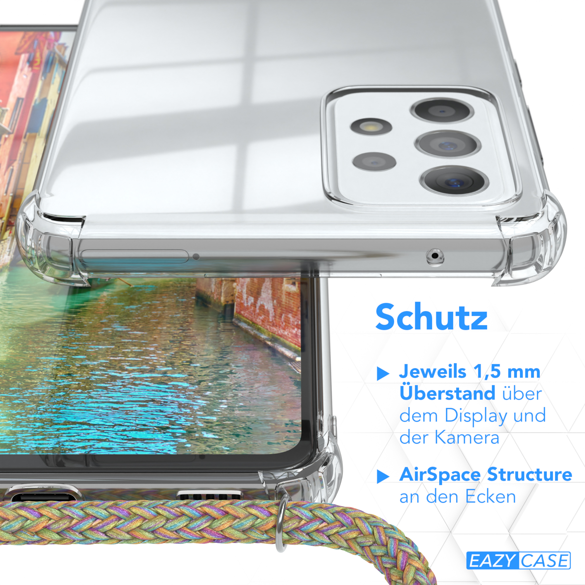 Nahaufnahme einer Handyhülle, zeigt die Rückseite des Telefons und den Rand der Hülle.