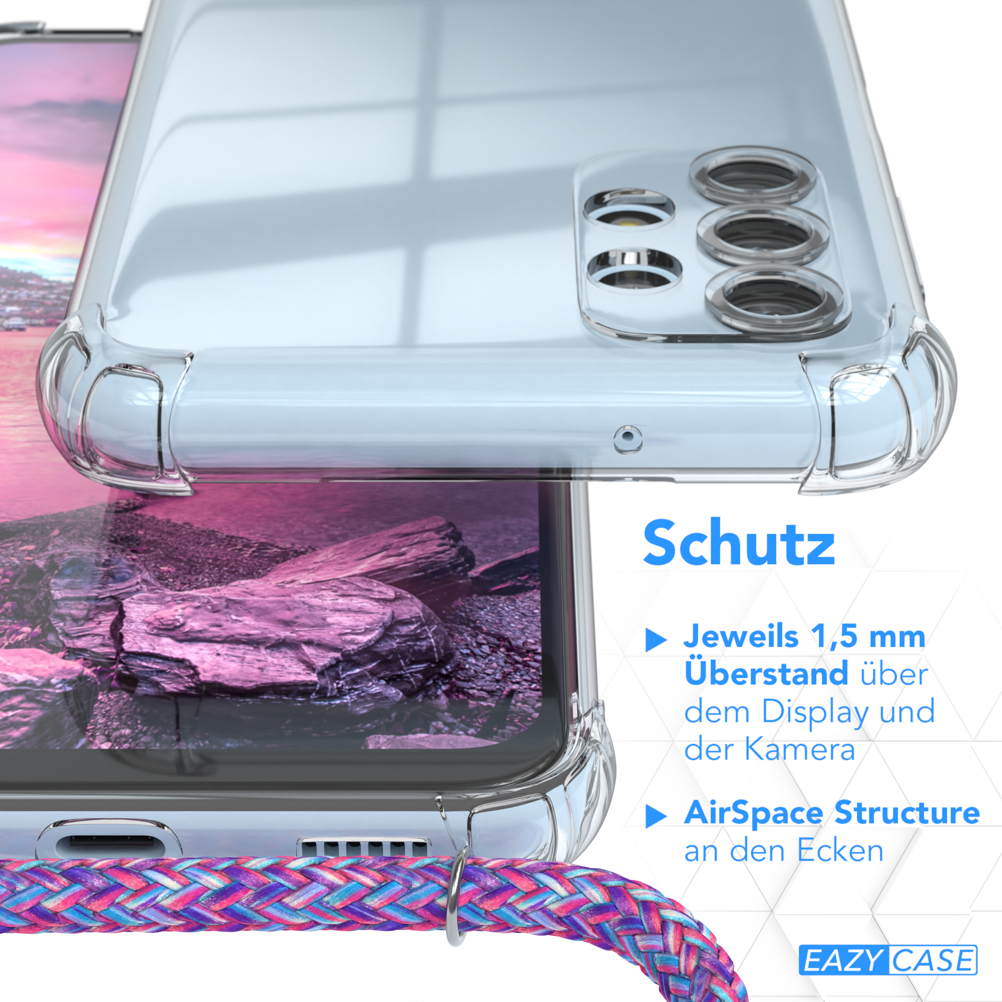 Nahaufnahme der Handyhülle. Transparente Hülle, Text: Schutz. Funktionen sind mit Pfeilen aufgelistet.