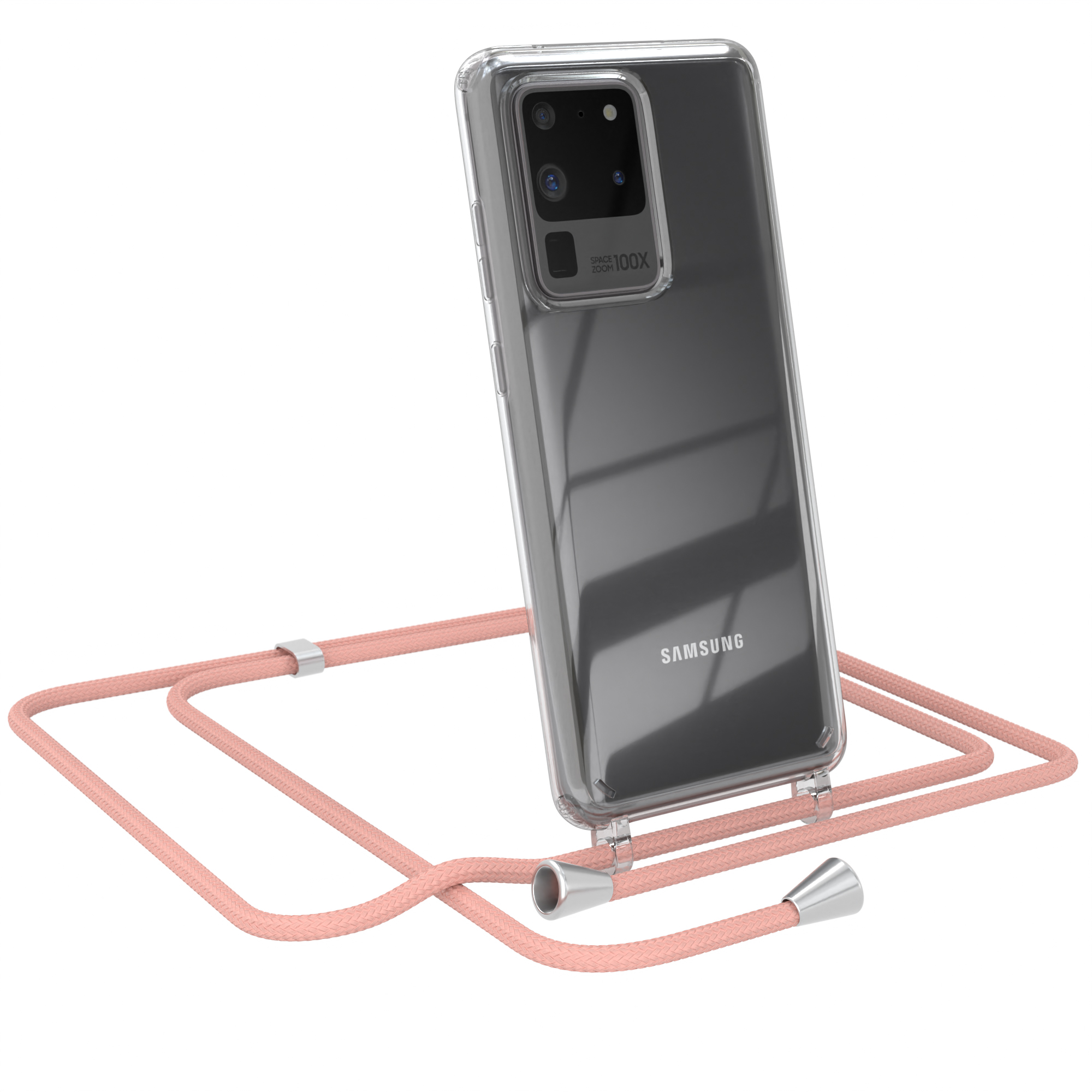 Transparente Handyhülle mit Telefon und pinkfarbenem Umhängeband auf weißem Grund.