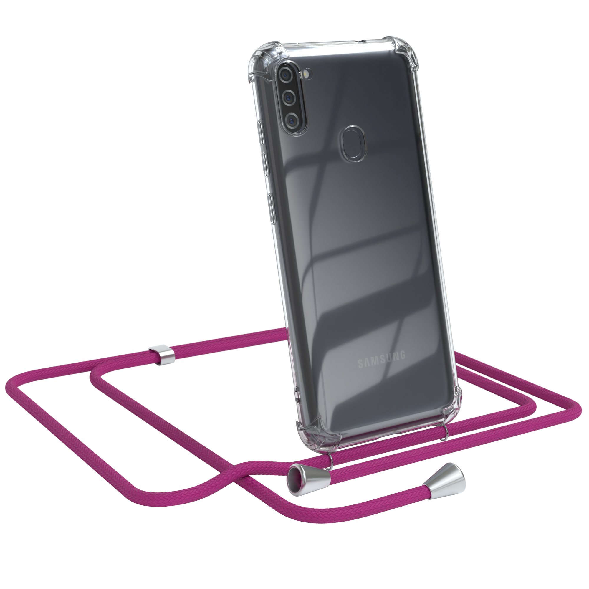 CASE EAZY Cover Samsung, / Silber Umhängetasche, mit Galaxy Umhängeband, Pink Clear Clips M11,