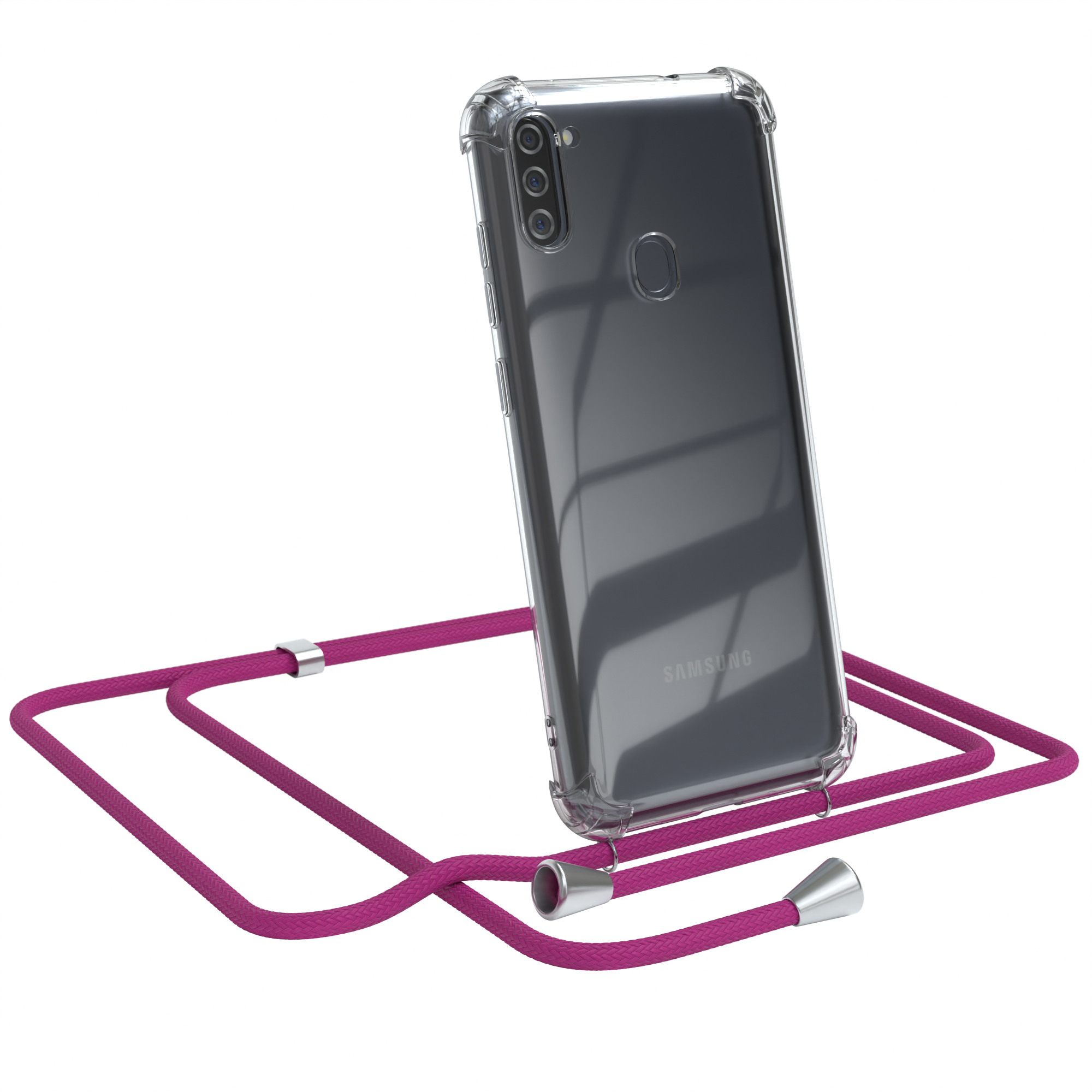 Transparente Handyhülle mit fuchsiafarbenem Umhängeband. Samsung-Telefon abgewinkelt.