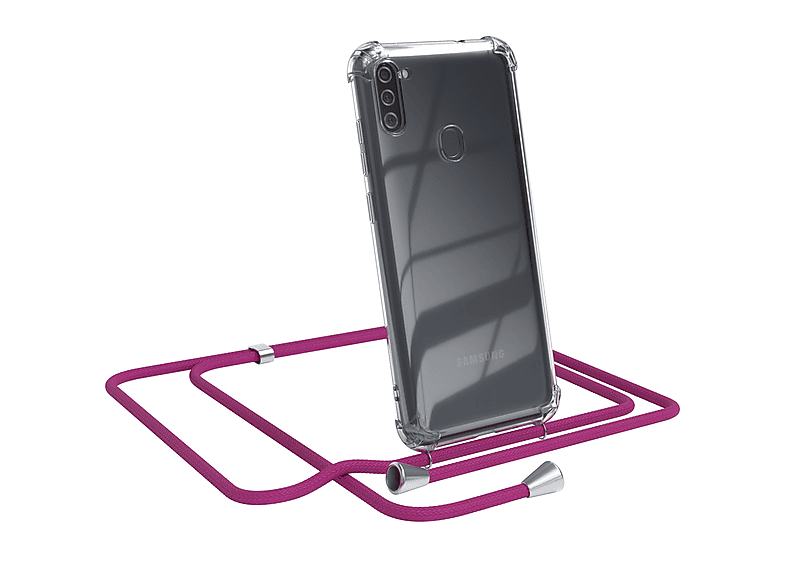 EAZY CASE Clear Cover mit Umhängeband, Umhängetasche, Samsung, Galaxy M11, Pink / Clips Silber