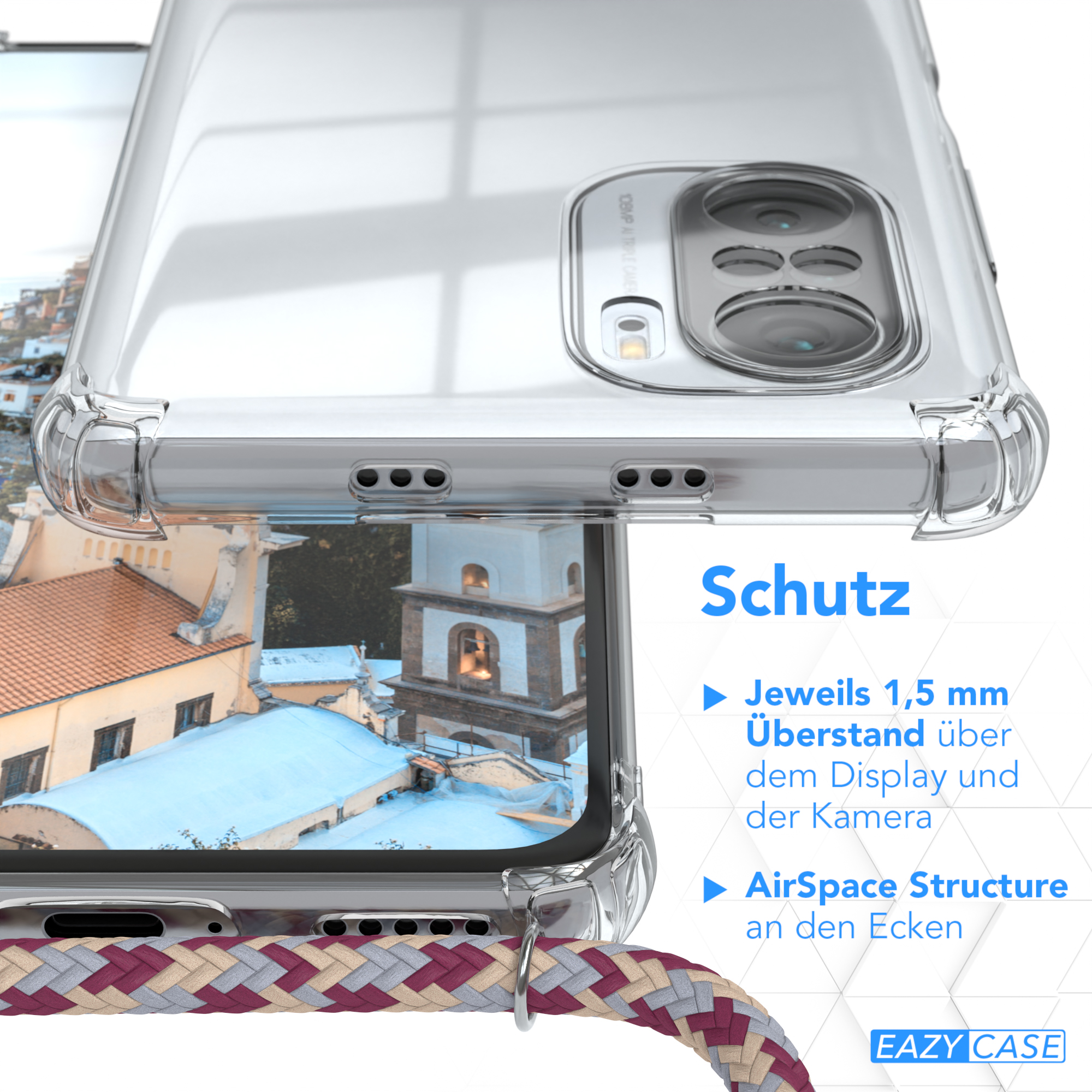 Nahaufnahme einer transparenten Handyhülle mit Details zu ihren Merkmalen auf Deutsch.