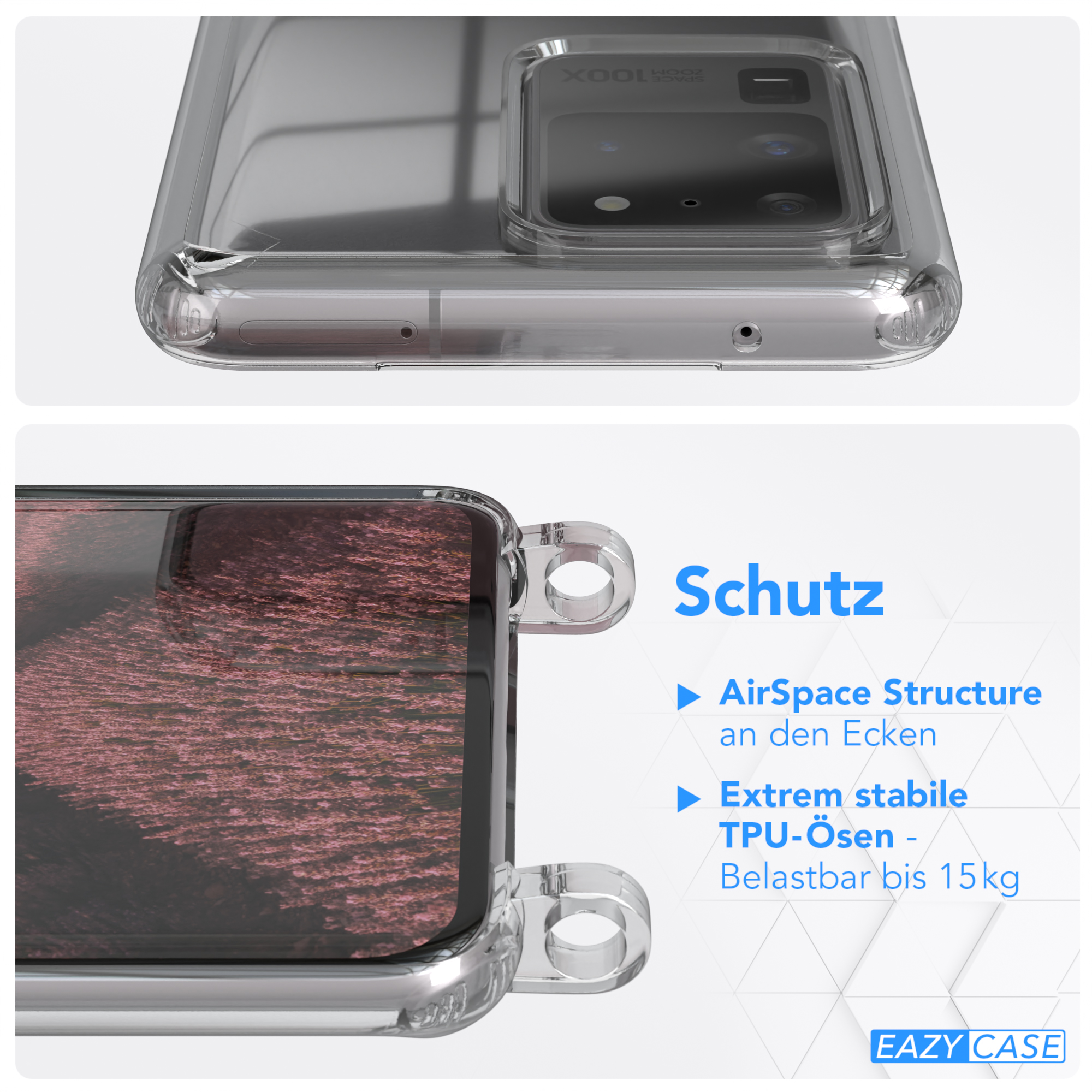 Transparente Handyhülle mit Details. Text: Schutz, AirSpace Structure, TPU-ösen, Belastbar bis 15kg. EAZY CASE.