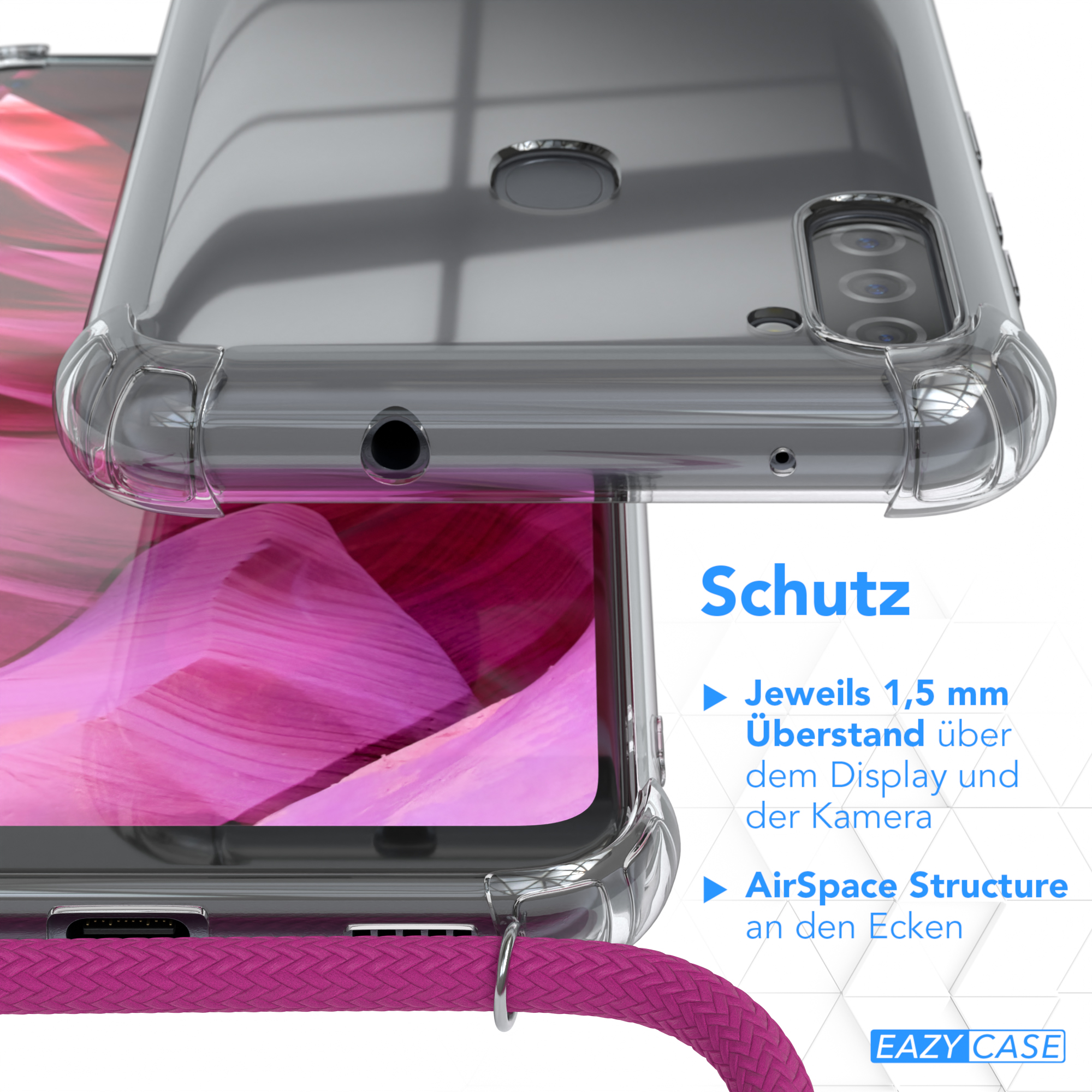 EAZY CASE Pink M11, Umhängetasche, Cover Silber mit Clear Clips / Galaxy Umhängeband, Samsung