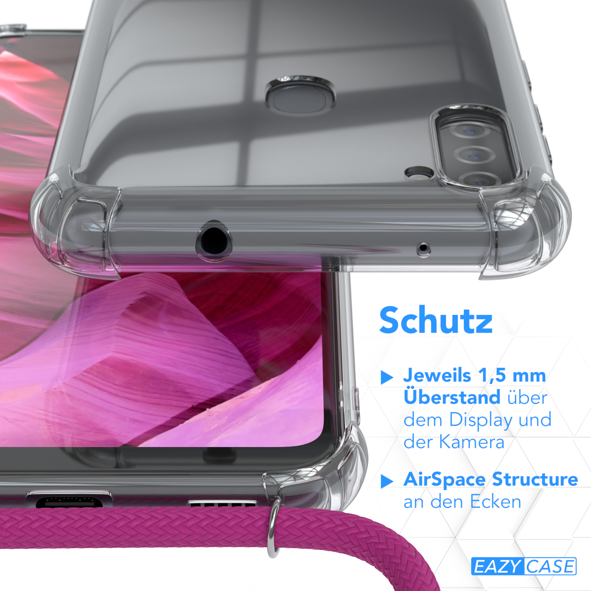 Transparente Handyhülle, die ein Telefon schützt. Nahaufnahme. Text weist auf eine Schutzstruktur hin.