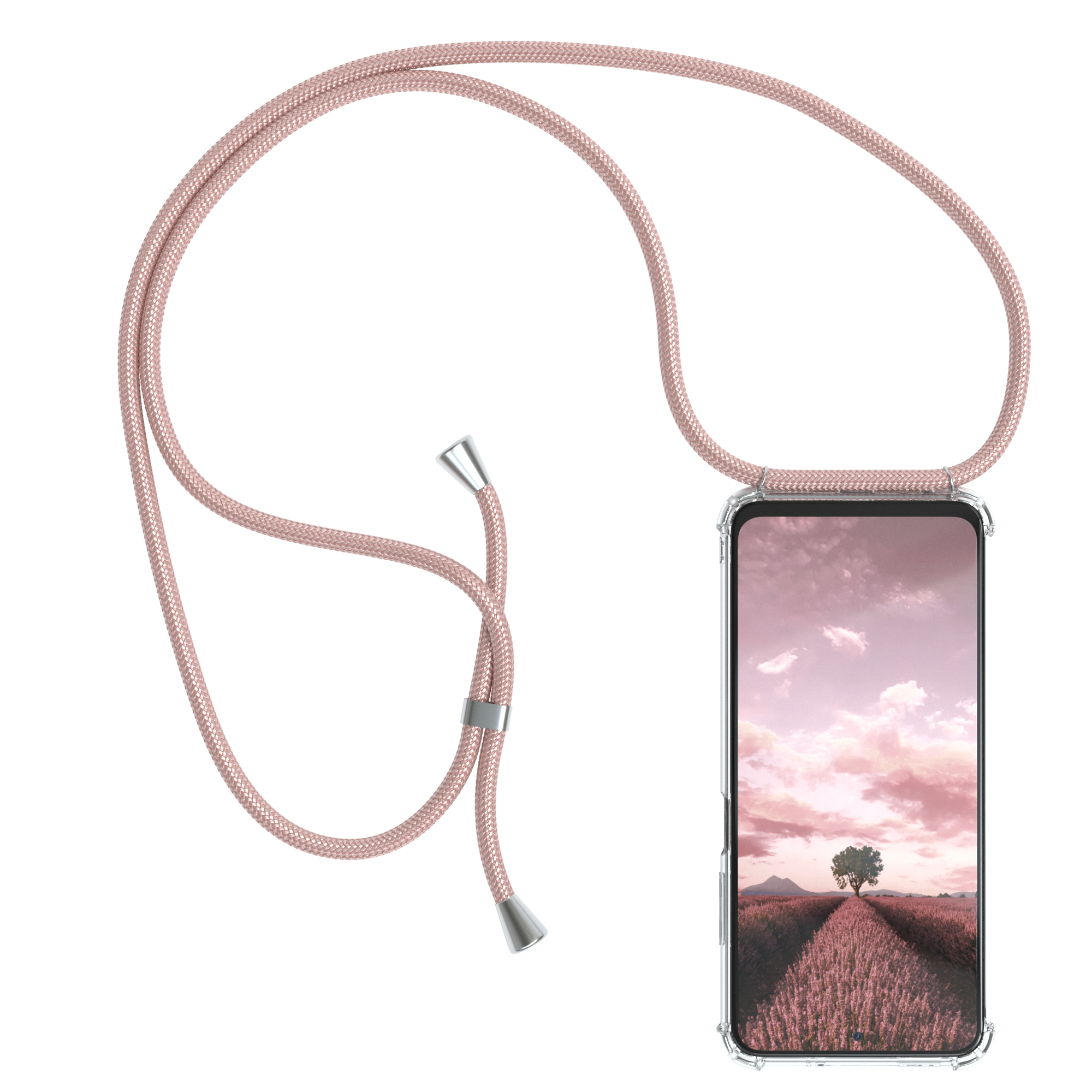 Telefon in klarer Hülle mit rosa Umhängeband. Telefon zeigt Landschaft. Weißer Hintergrund.