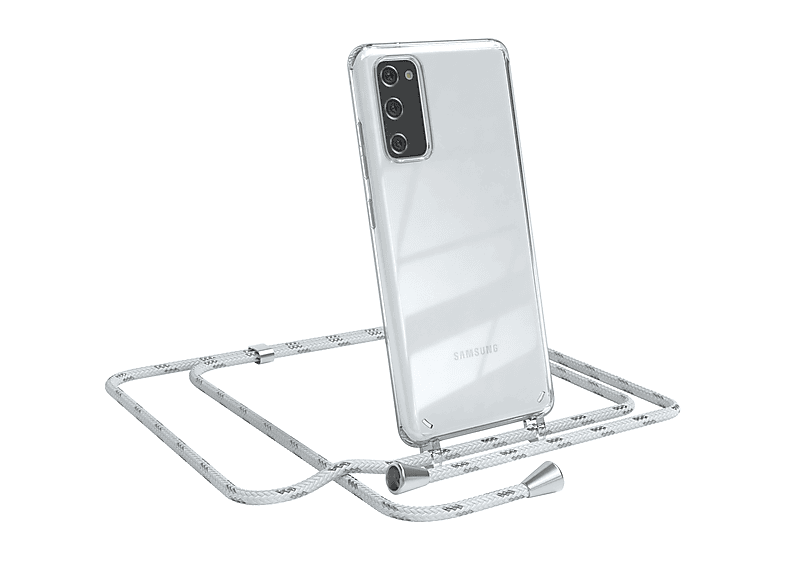 EAZY CASE Clear Cover mit Umhängeband, Umhängetasche, Samsung, Galaxy S20 FE / S20 FE 5G, Weiß / Clips Silber