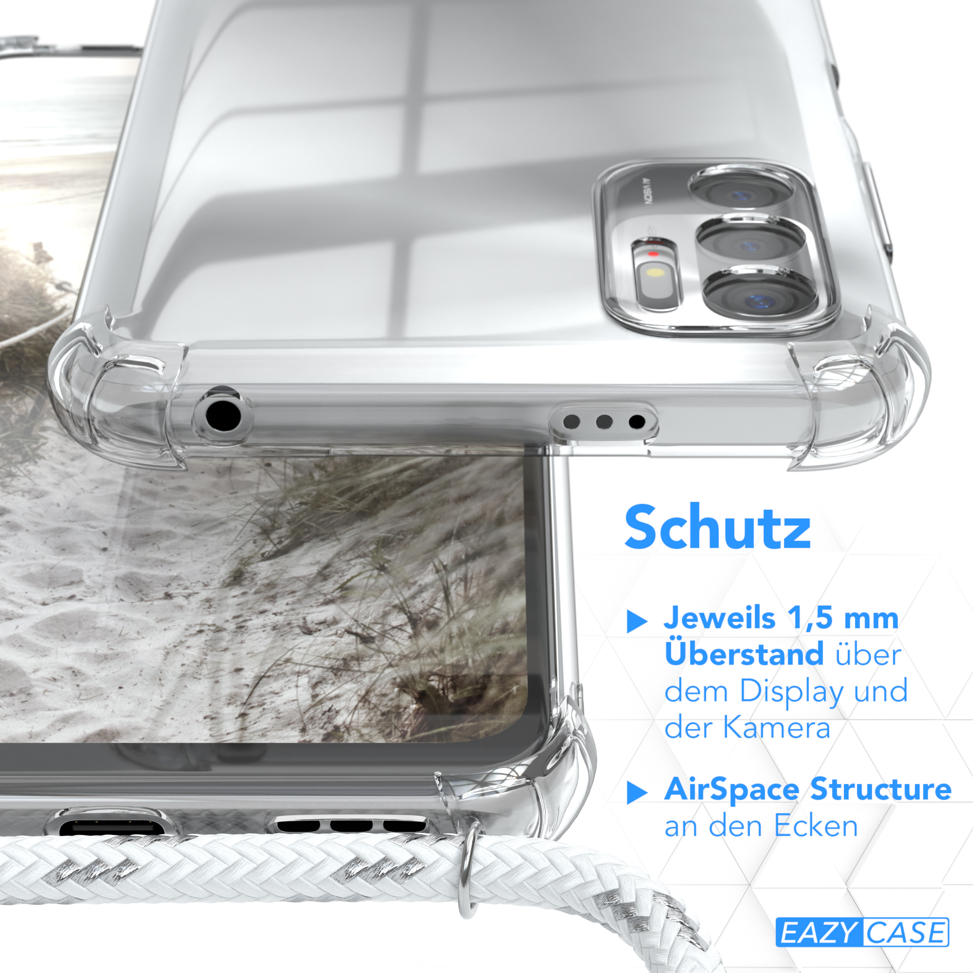 Transparente Handyhülle, die den Handybildschirm mit Text zeigt.