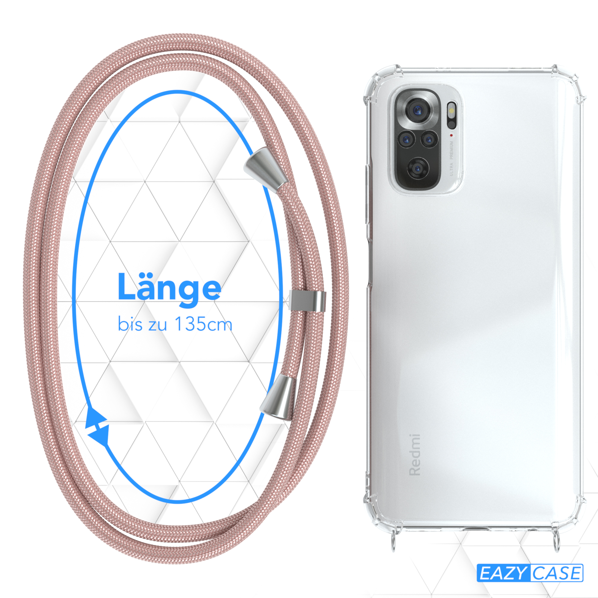 Telefon mit rosa Riemen. Der Riemen hat Metallenden und ist mit der Handyhülle verbunden.
