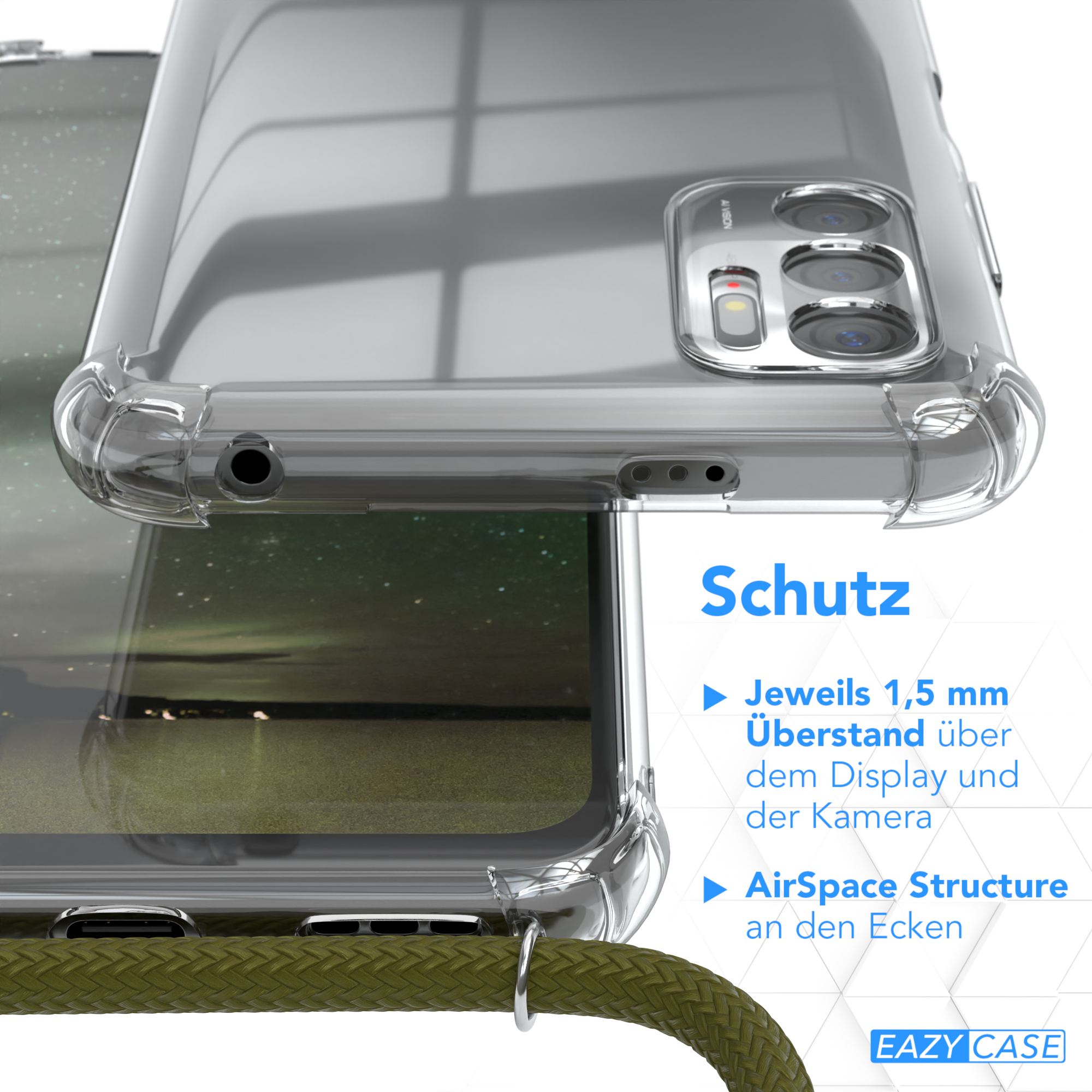 Nahaufnahme von Handyhülle und Telefon. Text: Schutz, 1,5 mm über Display und Kamera.