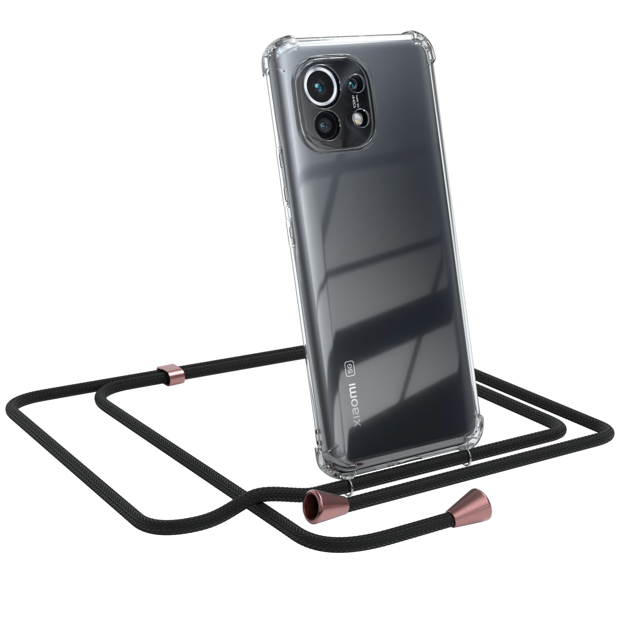 Transparente Handyhülle mit schwarzem Band. Xiaomi-Telefon sichtbar. Roségoldene Verbinder.