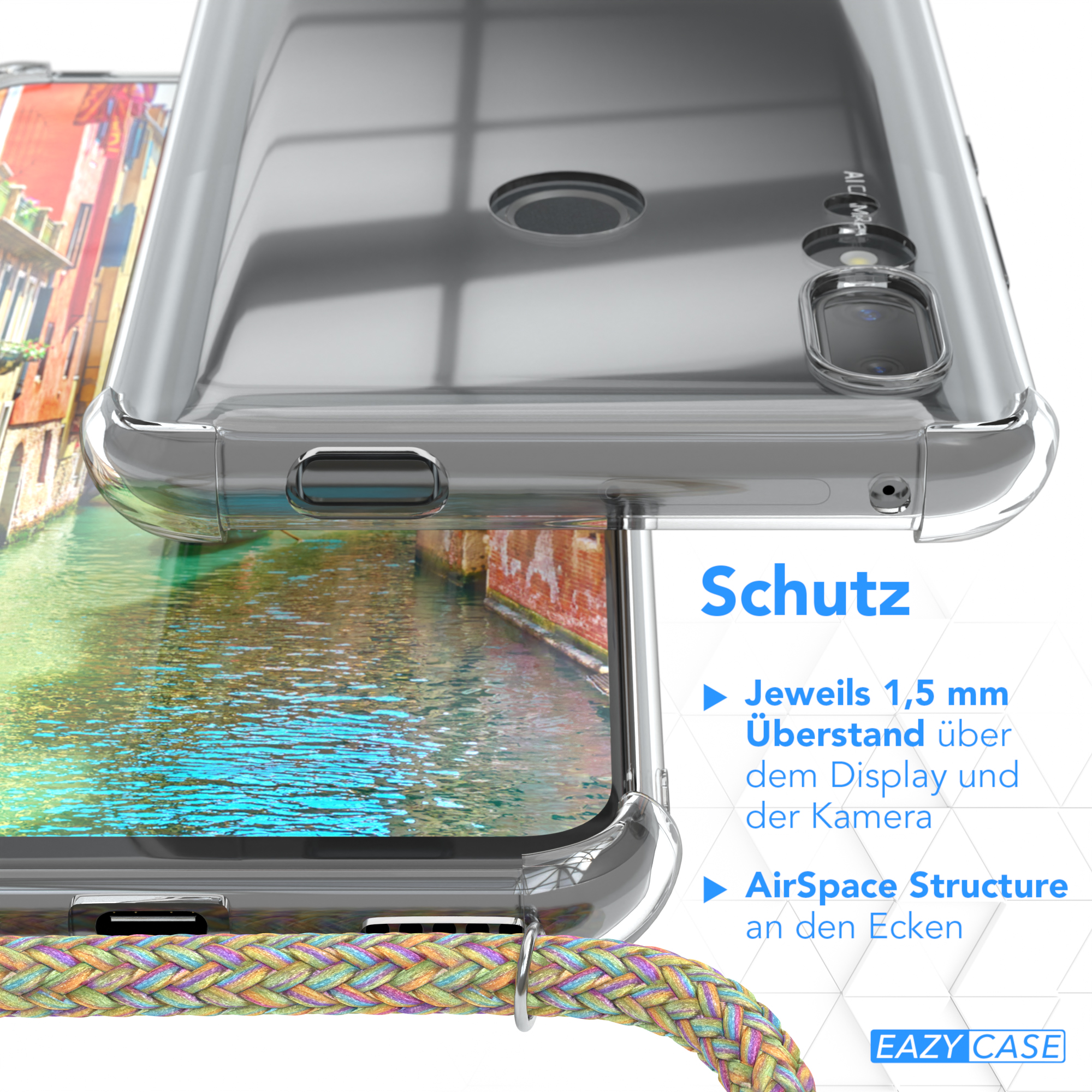 Eine transparente Handyhülle mit Lanyard, mit Text: AirSpace Structure und Schutz.