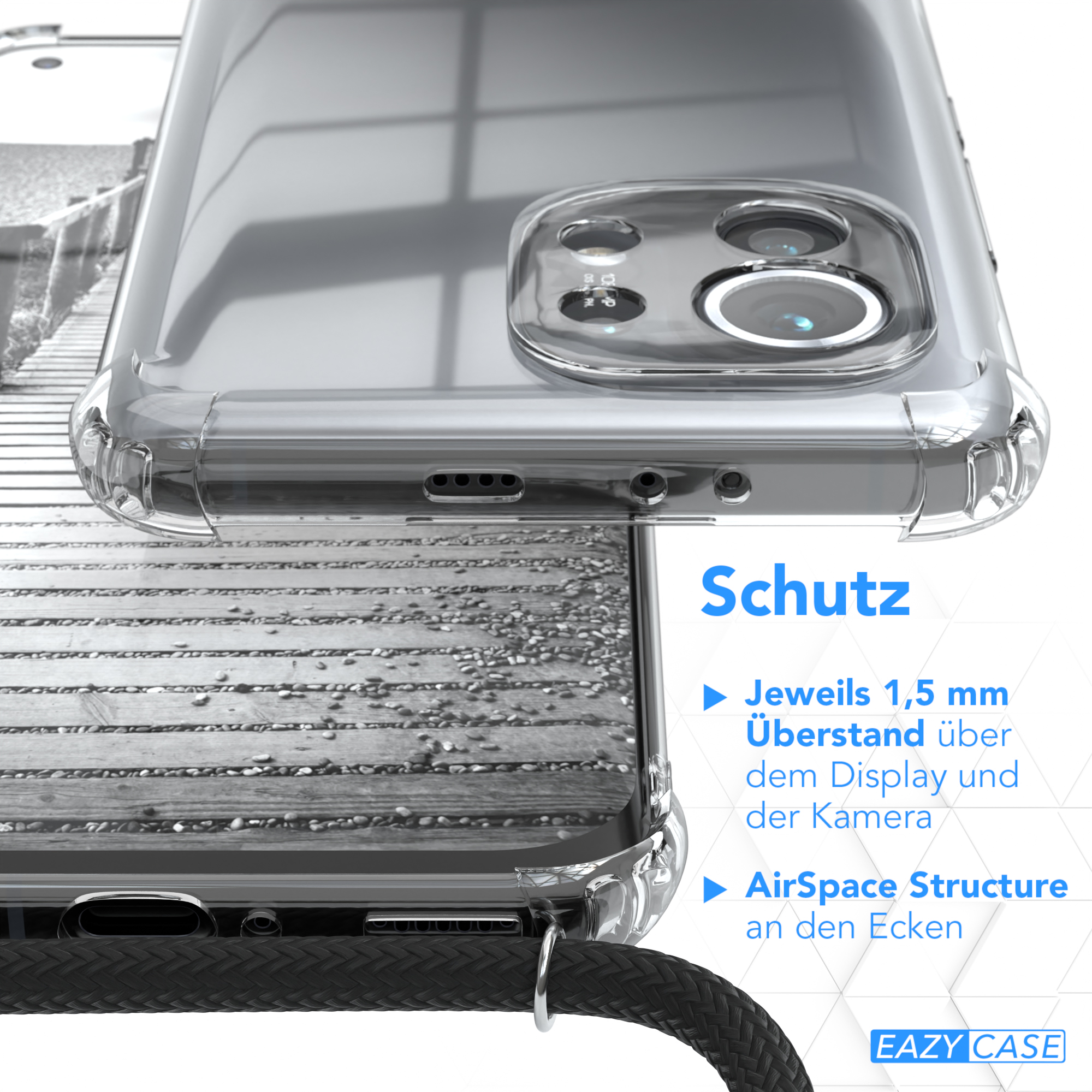 Klare Handyhülle mit schwarzem Kordel. Text auf dem Bild ist auf Deutsch.