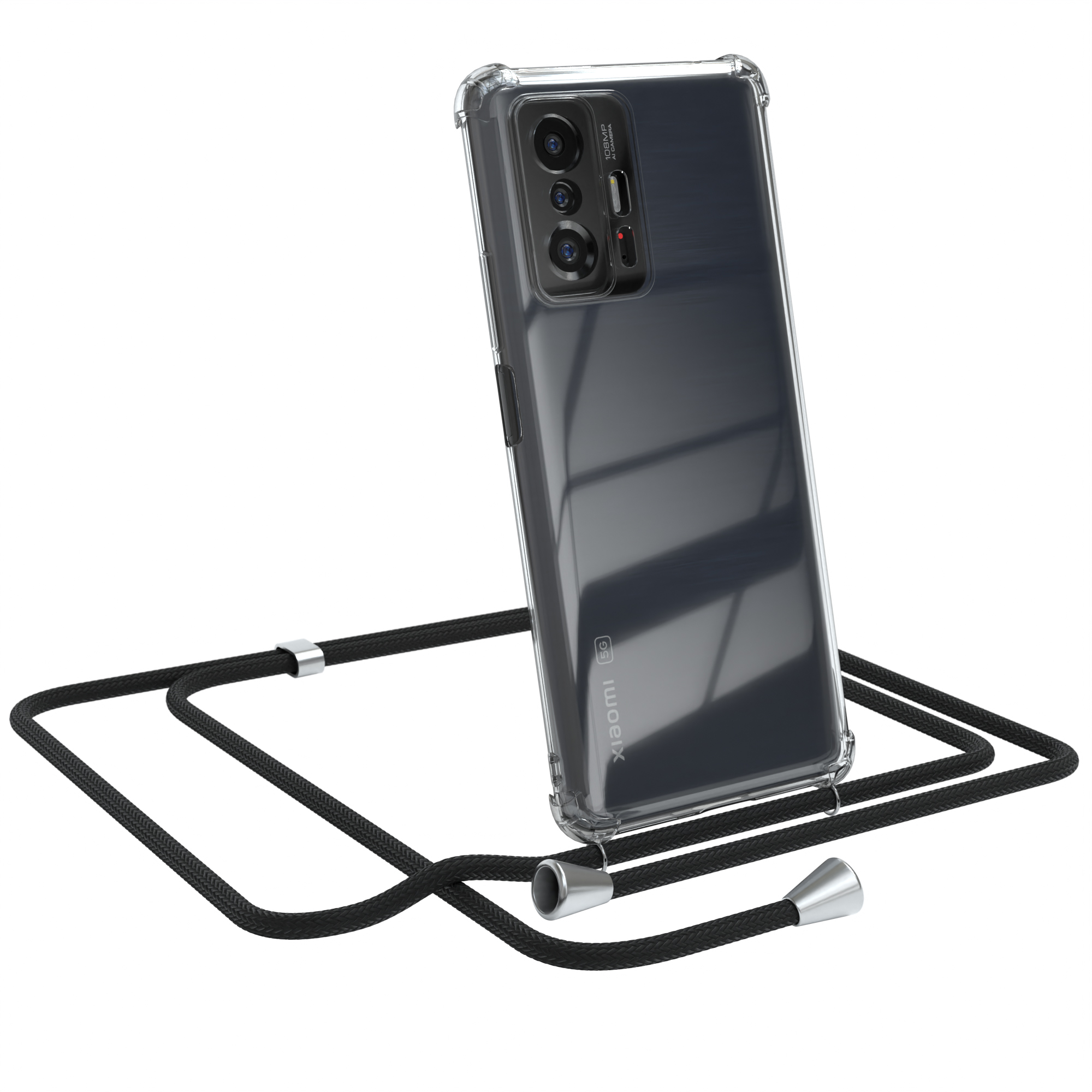 Transparente Handyhülle mit schwarzem Band. Xiaomi-Logo sichtbar. Weißer Hintergrund.