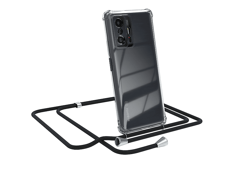 EAZY CASE Clear Cover mit Umhängeband, Umhängetasche, Xiaomi, 11T / 11T Pro 5G, Schwarz / Clips Silber