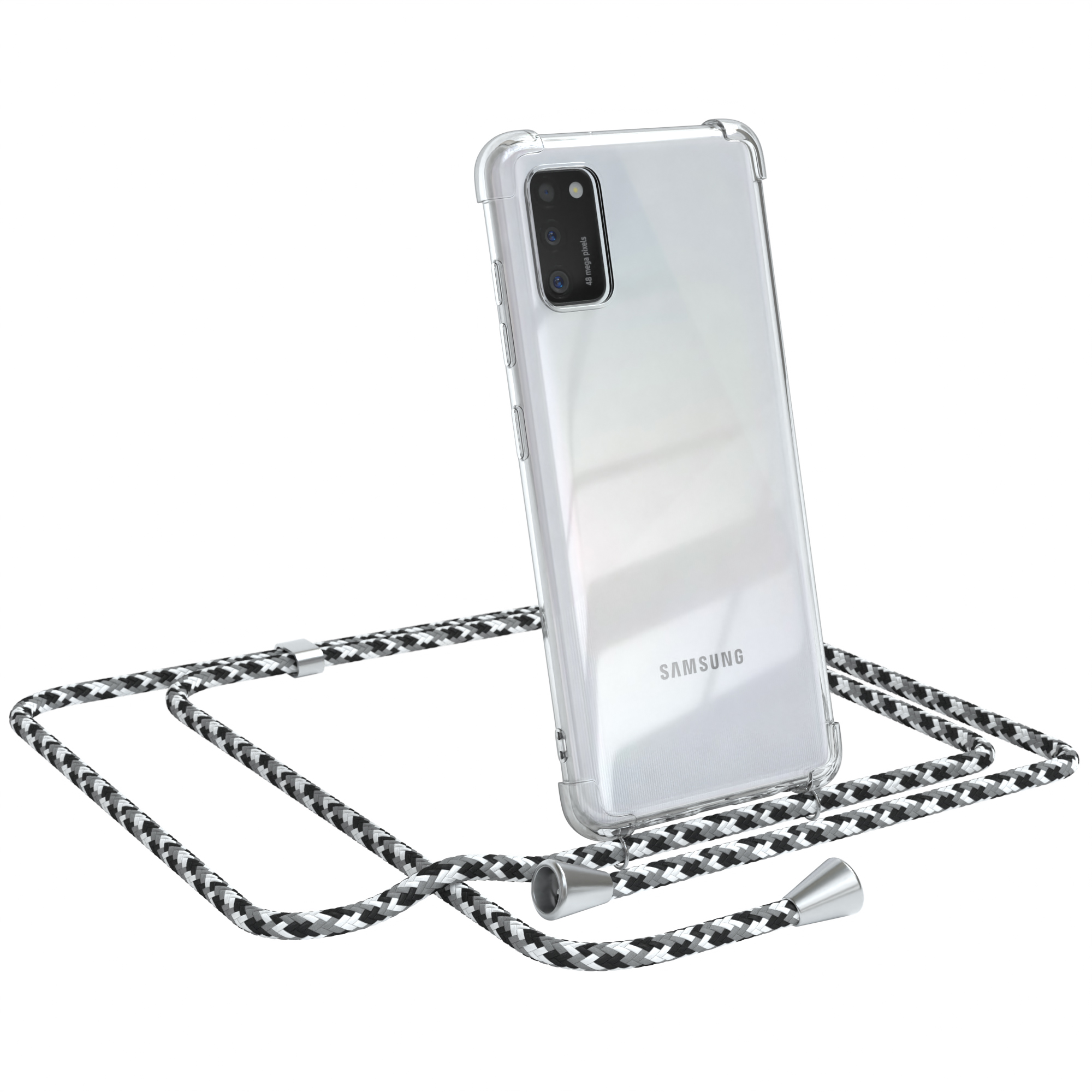 Klare Handyhülle mit schwarz-weißem Lanyard. Samsung mit sichtbaren Kameras.
