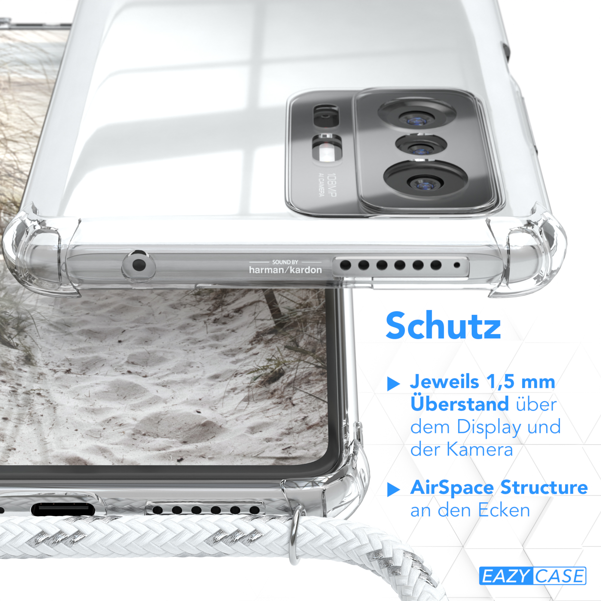 Transparente Handyhülle mit Informationen zum Schutz.