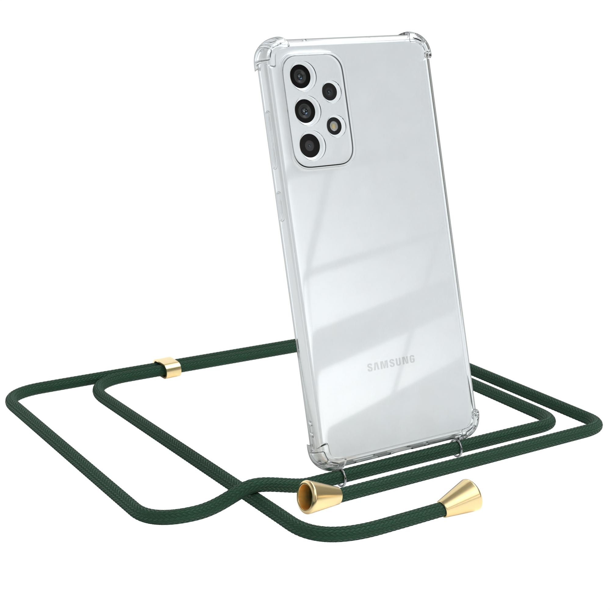Transparente Handyhülle mit grünem Umhängeband. Das Telefon ist ein Samsung. Weißer Hintergrund.