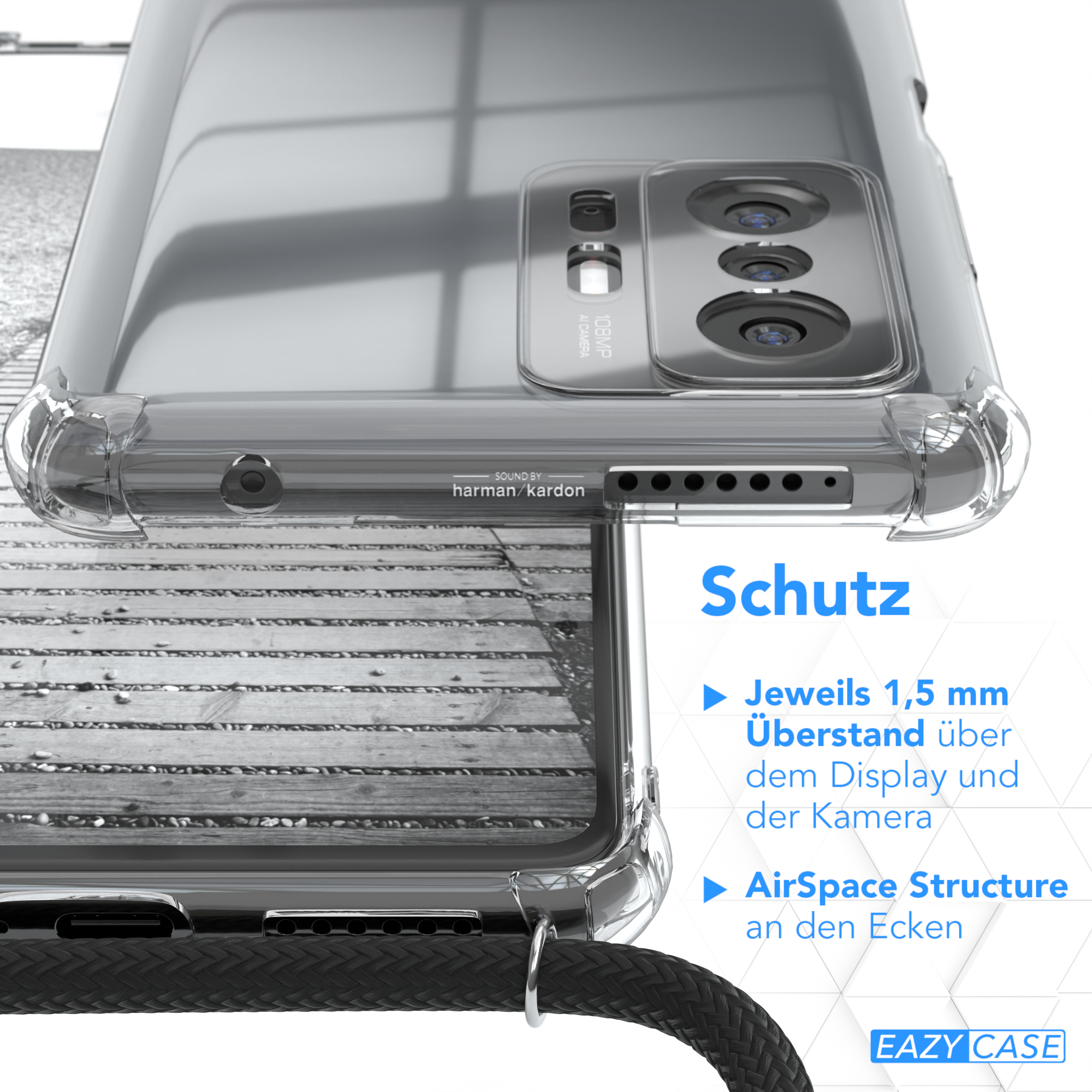 Transparente Handyhülle mit schwarzem Riemen. Text: Schutz. Merkmale: 1,5 mm Überstand, AirSpace Structure.
