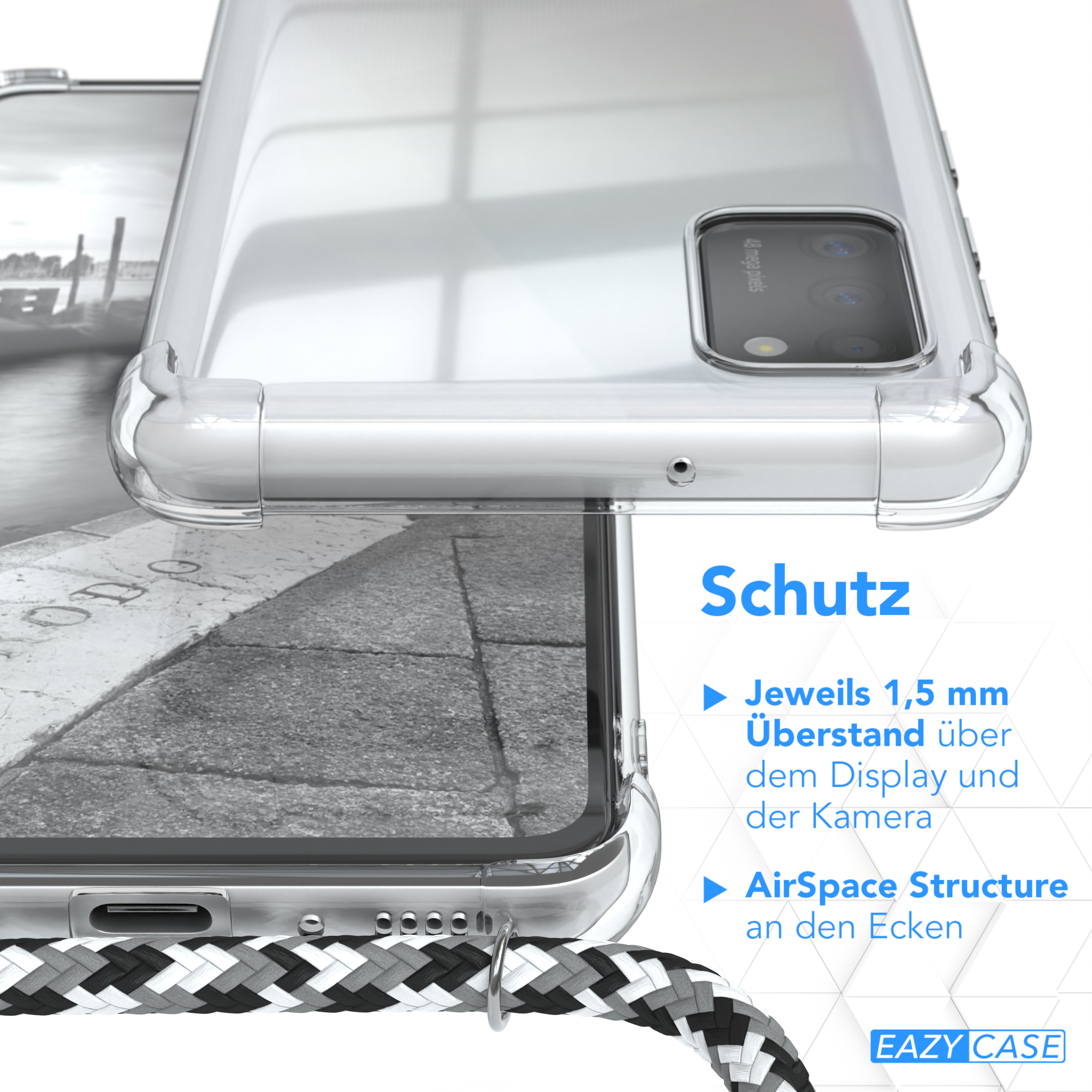 Nahaufnahme der Handyhülle, zeigt Kanten und Kordelbefestigung. Die Hülle schützt das Telefon.
