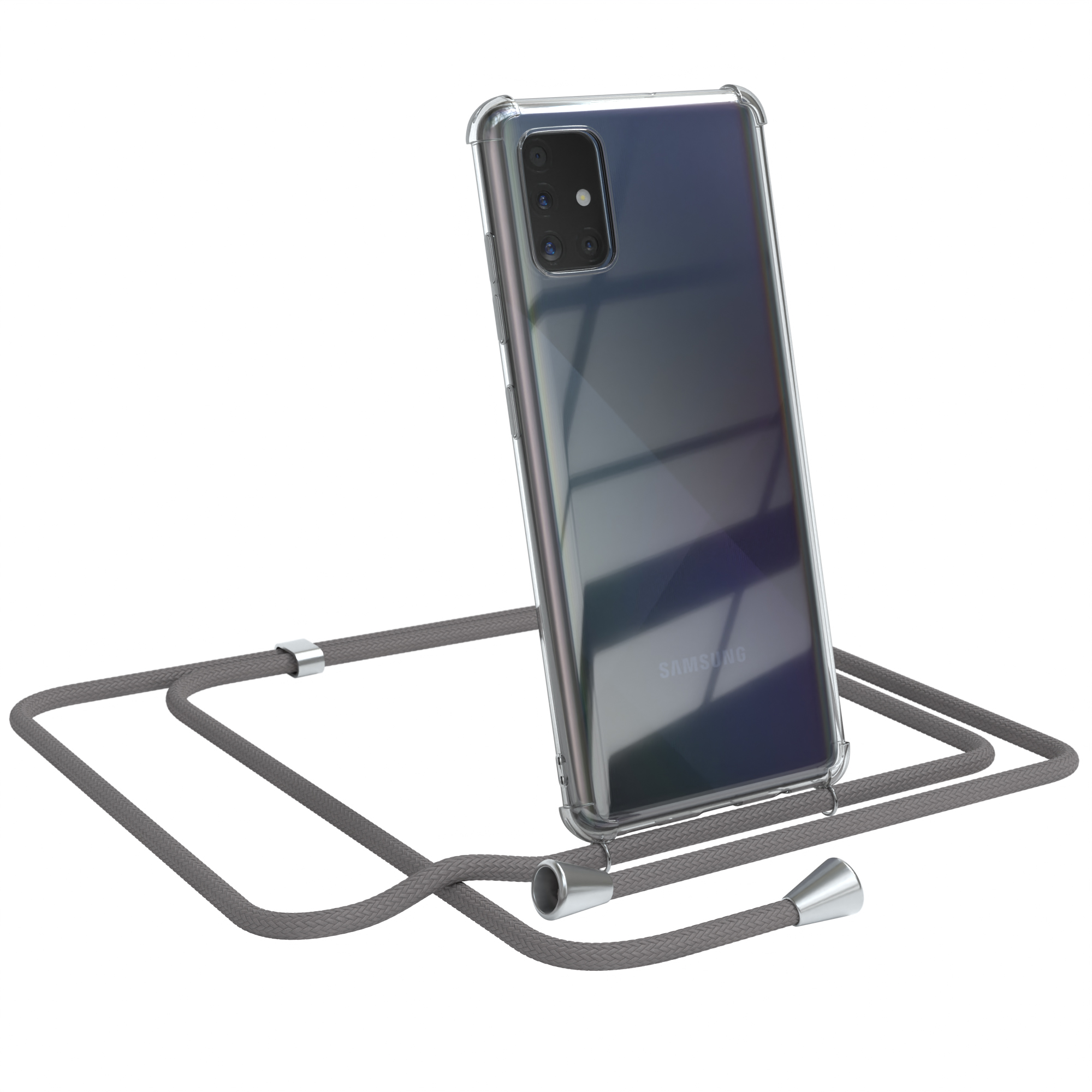 Eine transparente Handyhülle mit grauem Schlüsselband. Das Telefon ist leicht angewinkelt.