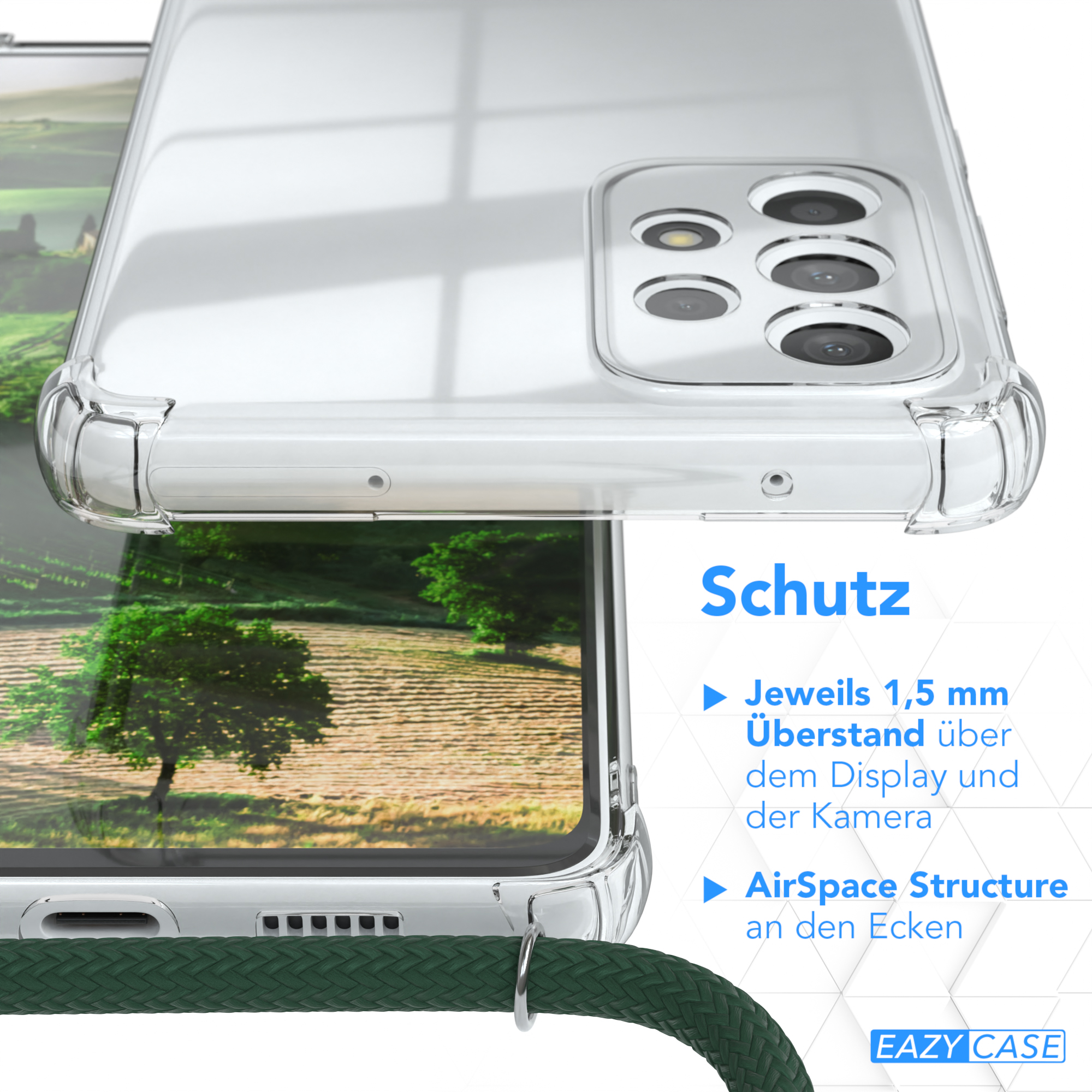 Eine transparente Handyhülle mit grünem Riemen. Der Hintergrund zeigt das Kamera-Setup des Telefons.